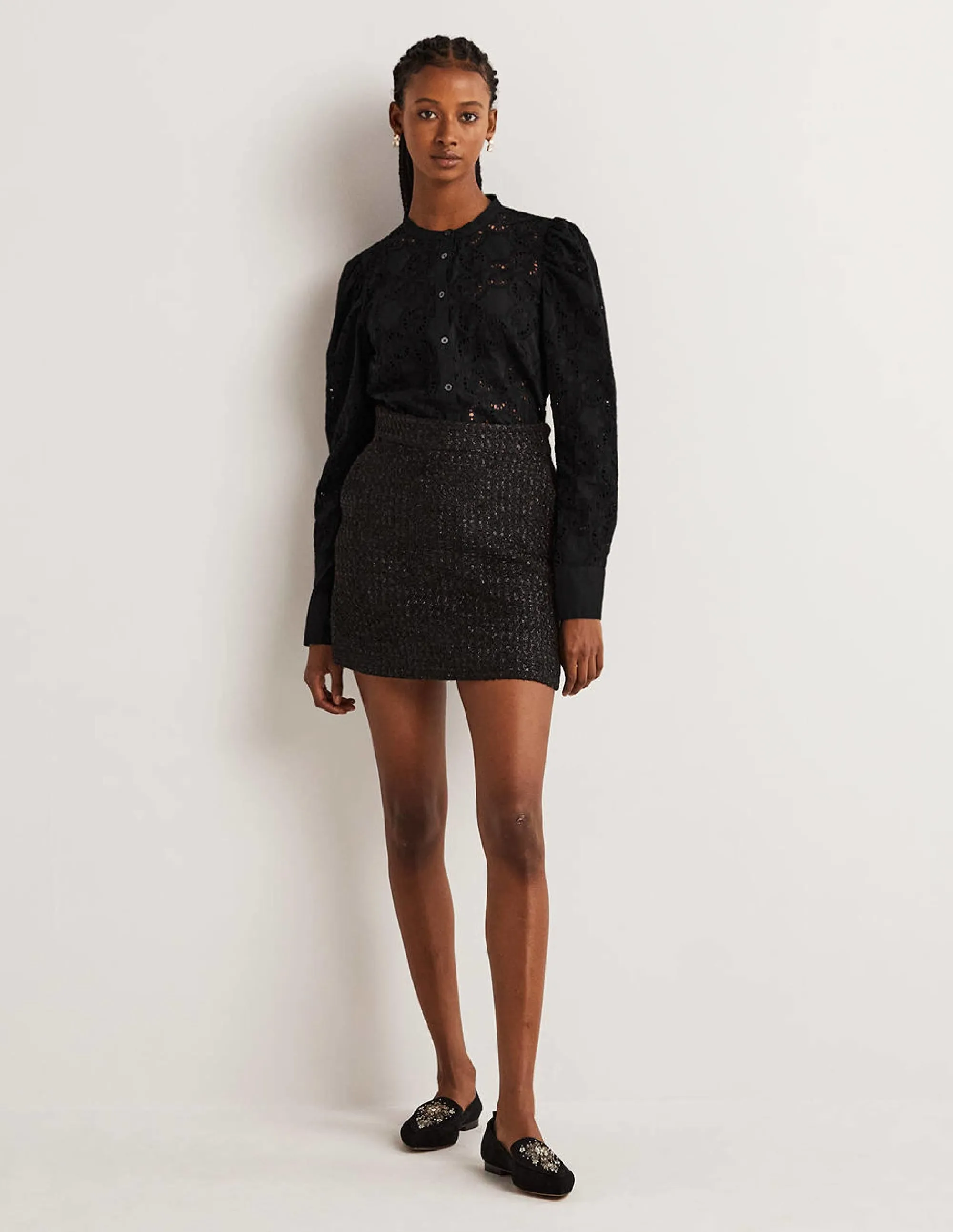 Mutton Sleeve Broderie Blouse-Black