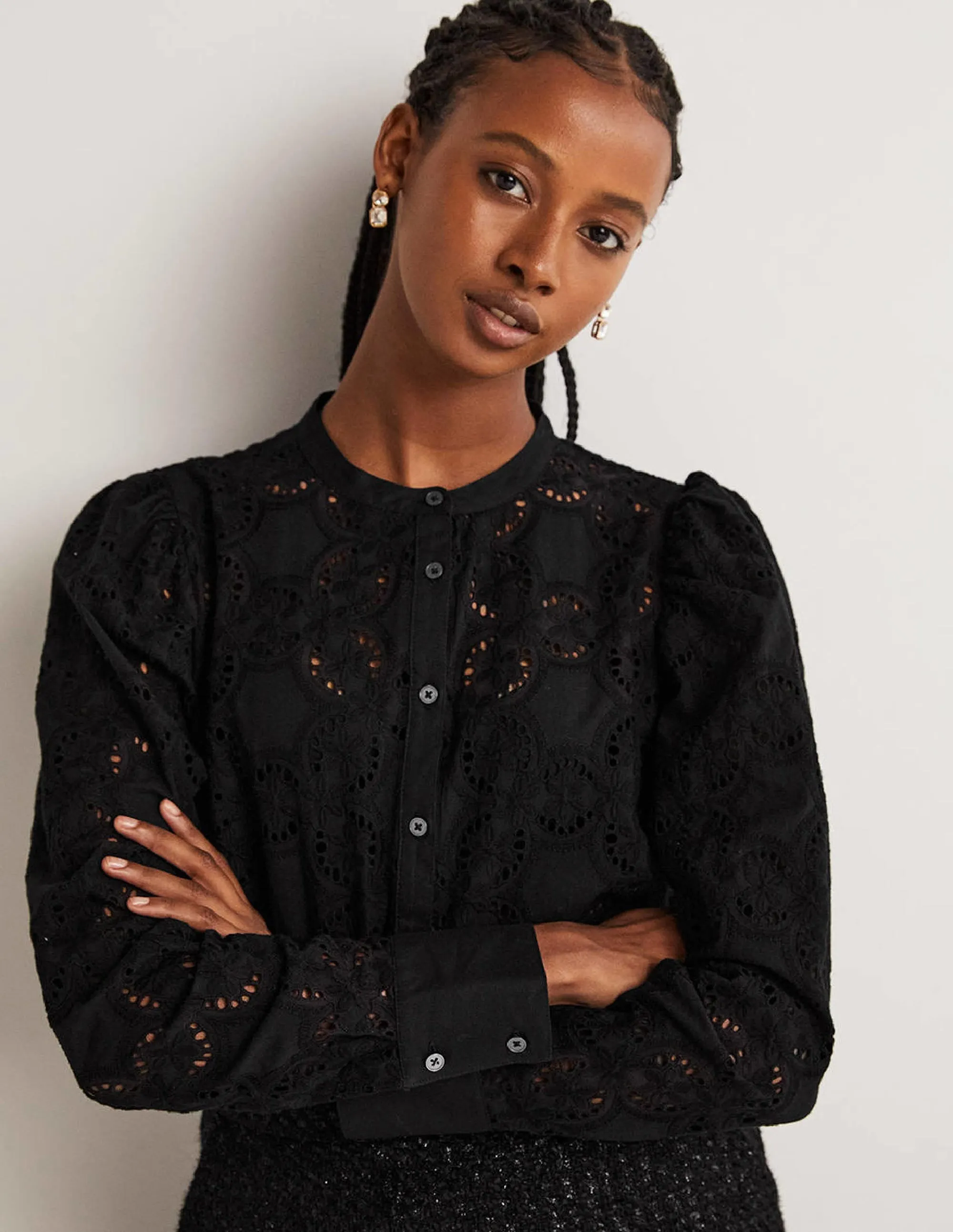Mutton Sleeve Broderie Blouse-Black