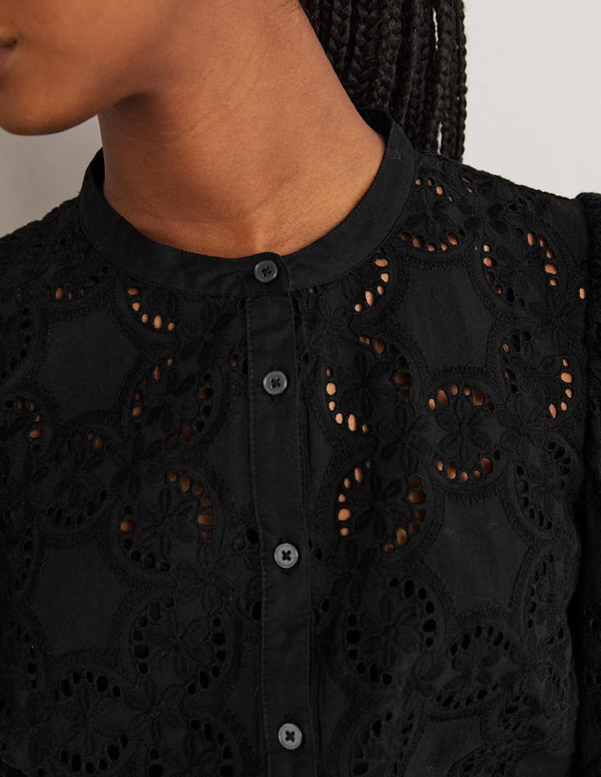 Mutton Sleeve Broderie Blouse-Black