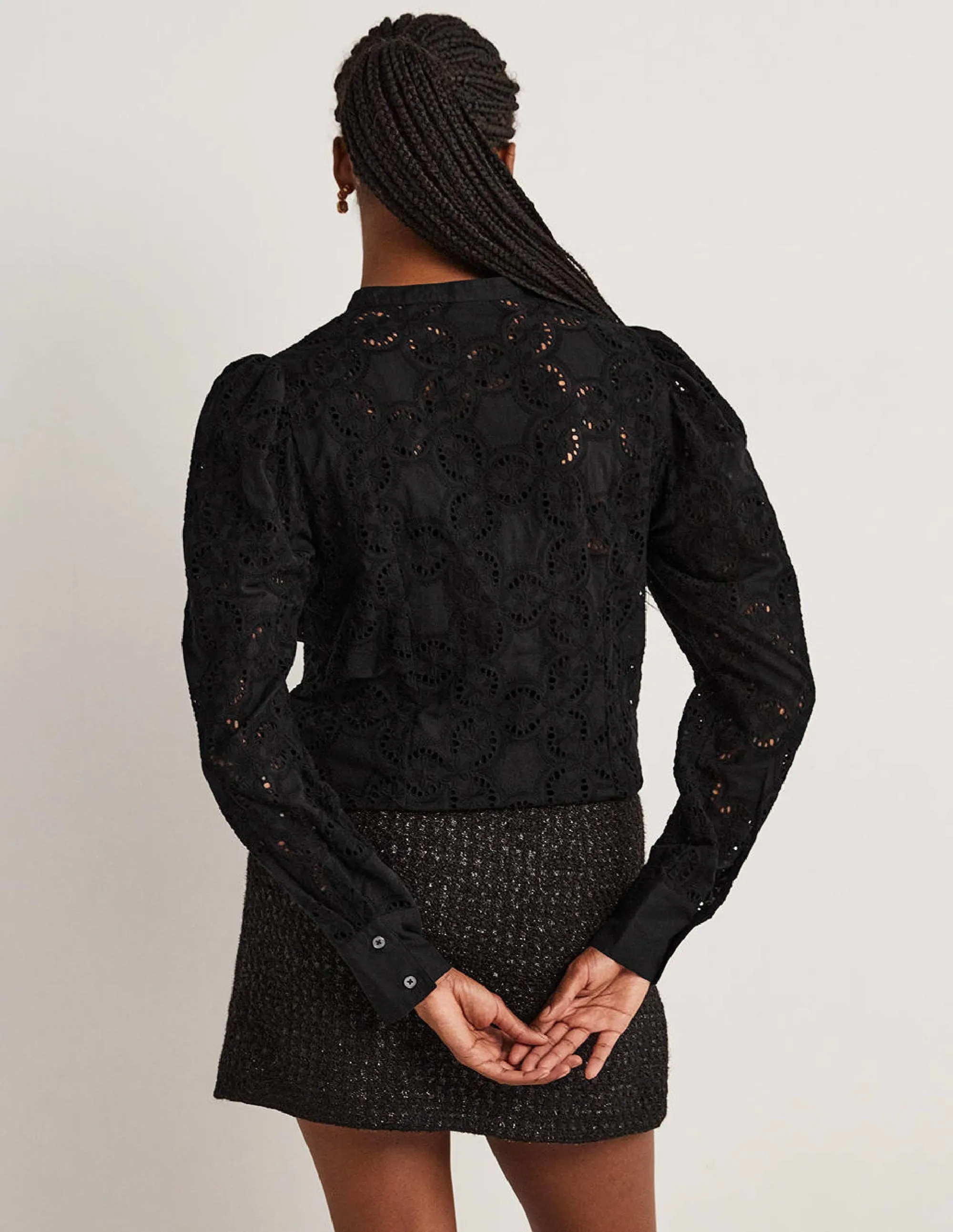 Mutton Sleeve Broderie Blouse-Black