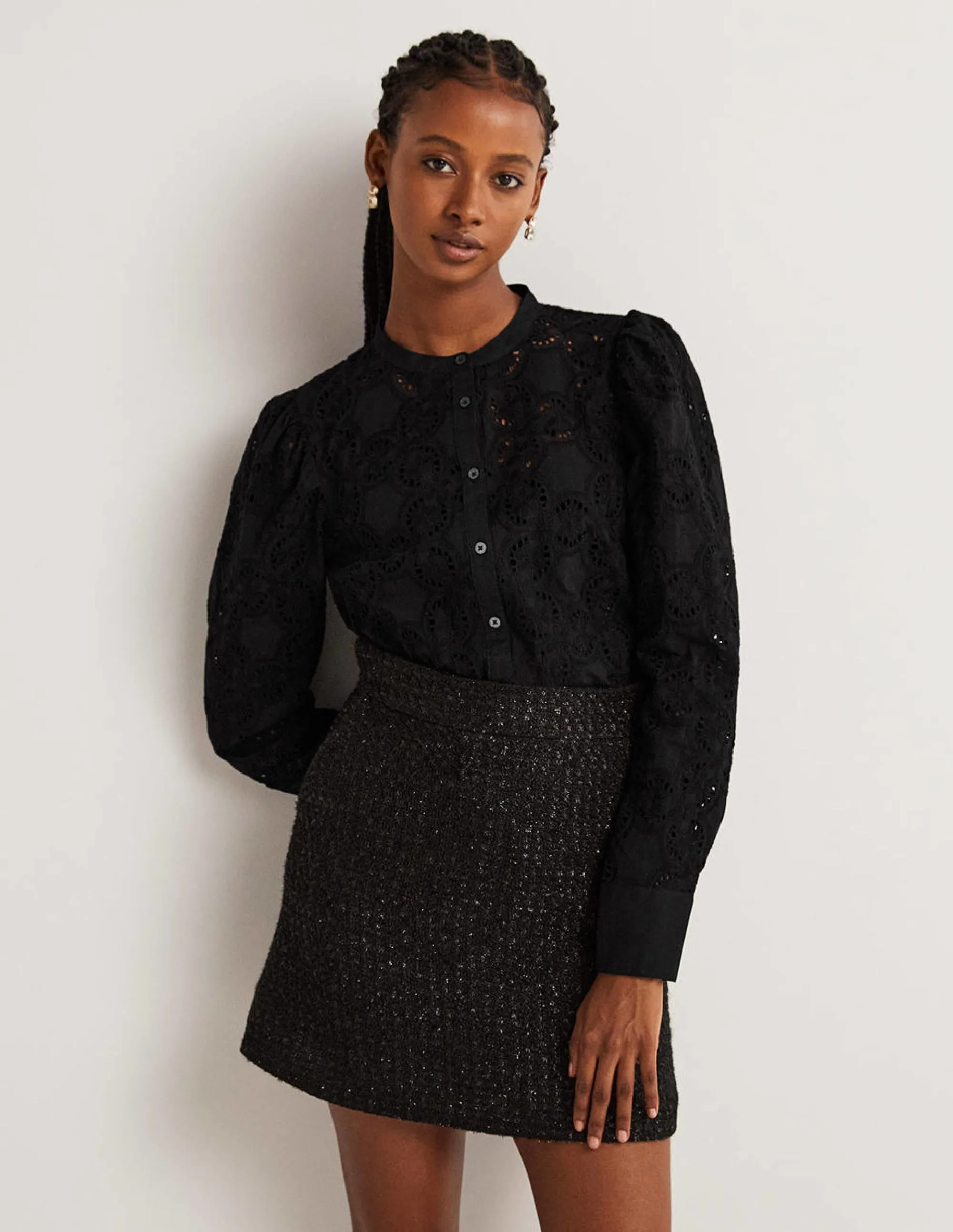 Mutton Sleeve Broderie Blouse-Black