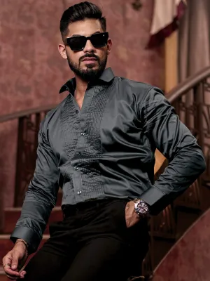 Olive Green Subtle Sheen Tuxedo Premium Giza Satin Cotton Shirt