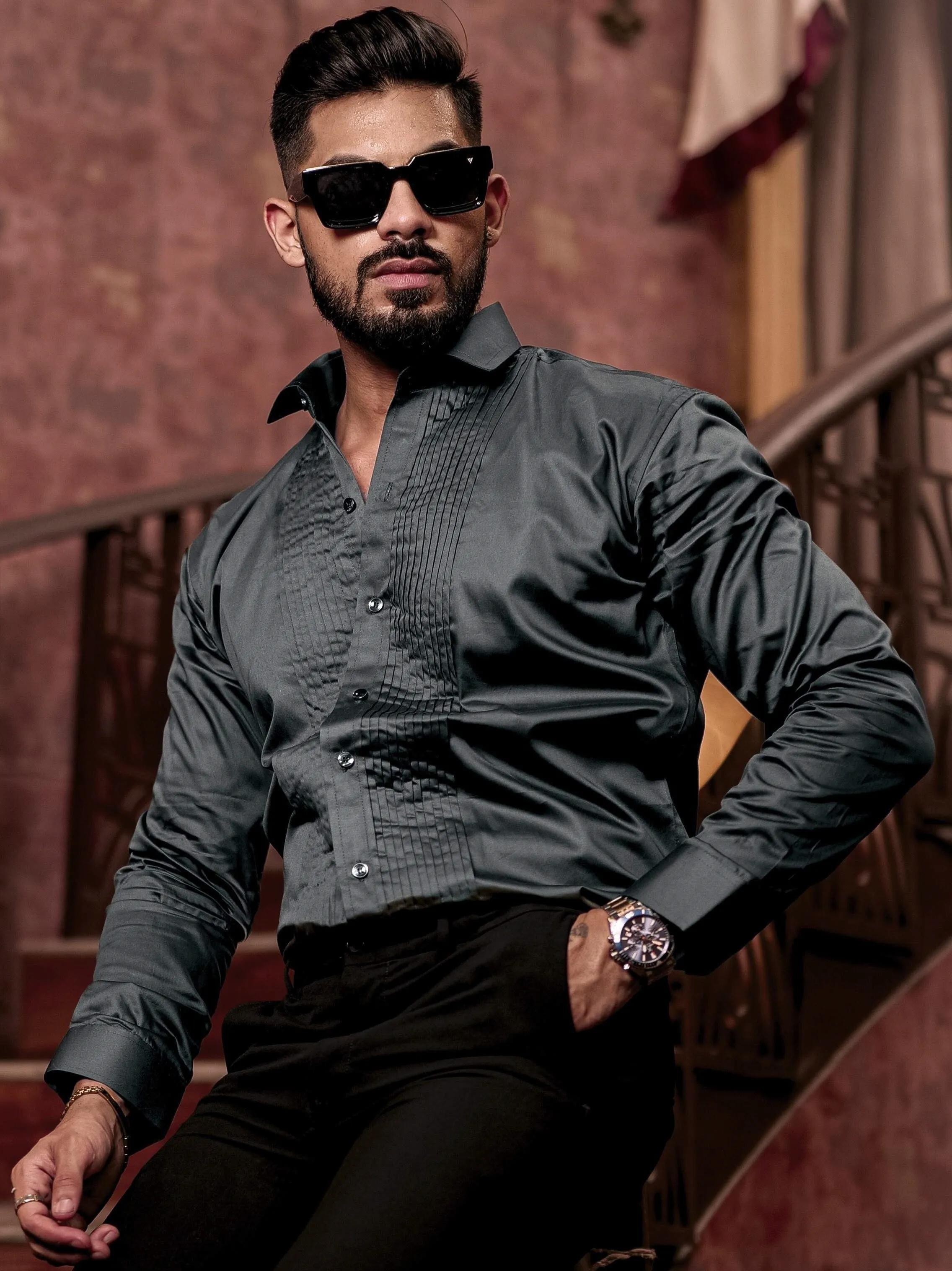 Olive Green Subtle Sheen Tuxedo Premium Giza Satin Cotton Shirt