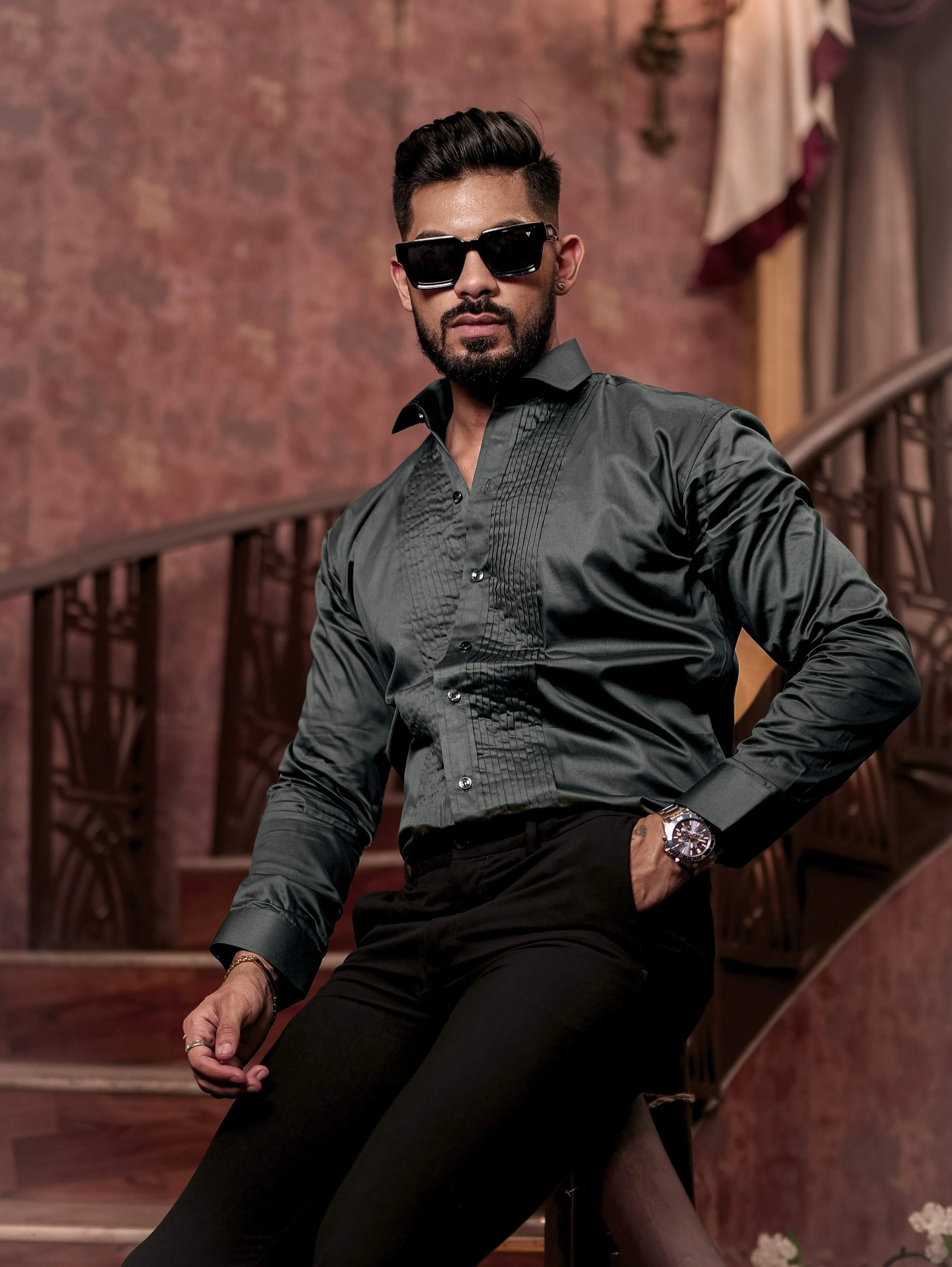Olive Green Subtle Sheen Tuxedo Premium Giza Satin Cotton Shirt