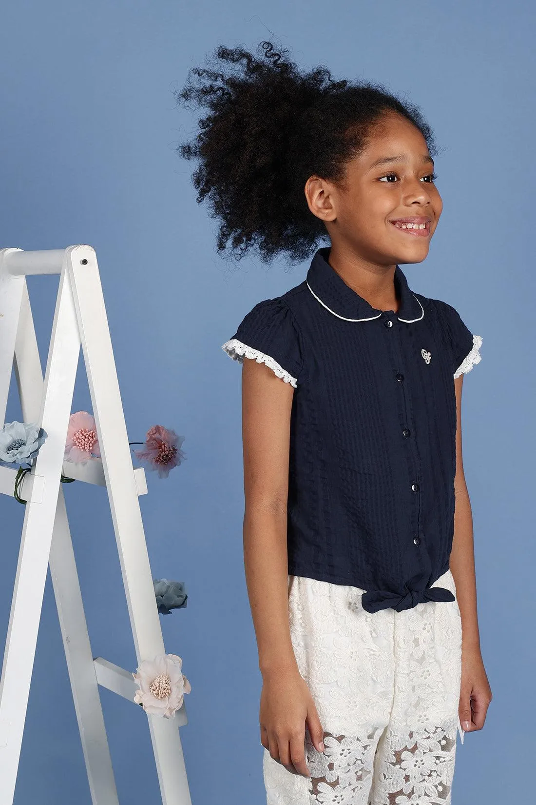 One Friday Kids Girls Navy Blue Cotton Cap Sleeves Top with Edge Lace