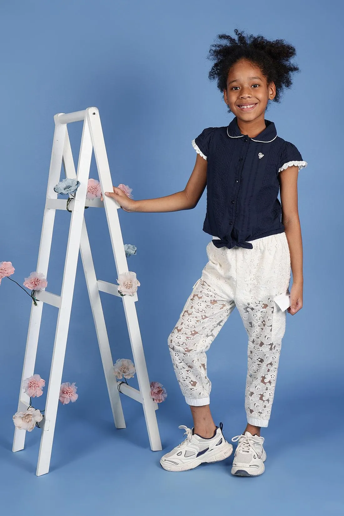 One Friday Kids Girls Navy Blue Cotton Cap Sleeves Top with Edge Lace