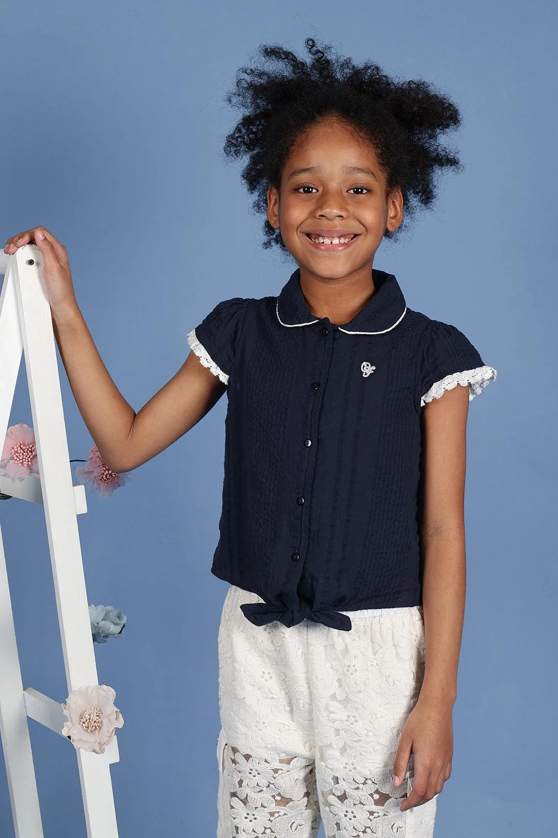 One Friday Kids Girls Navy Blue Cotton Cap Sleeves Top with Edge Lace