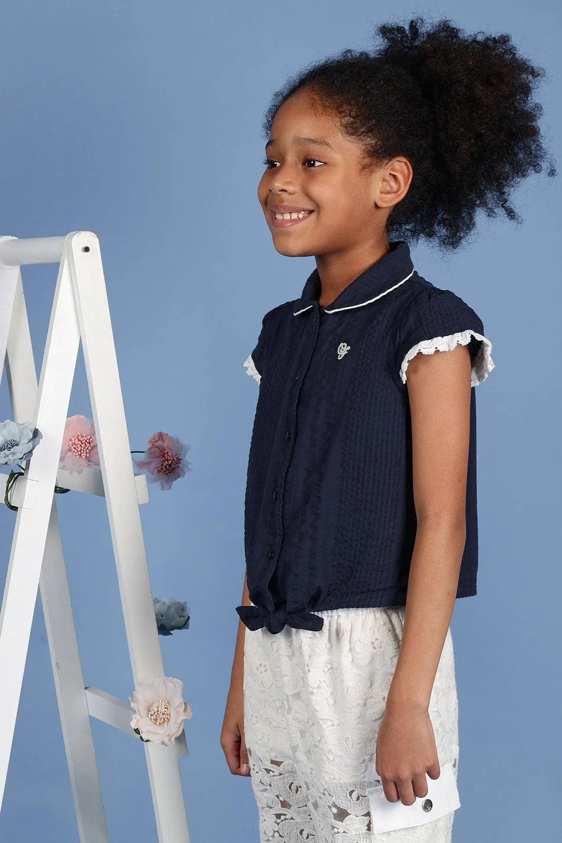 One Friday Kids Girls Navy Blue Cotton Cap Sleeves Top with Edge Lace