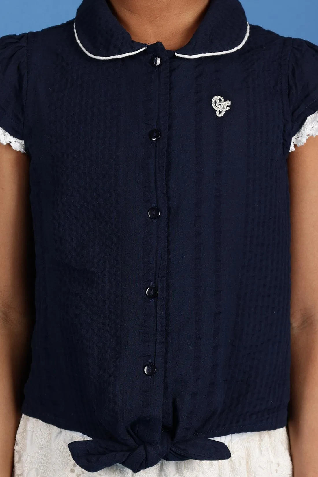 One Friday Kids Girls Navy Blue Cotton Cap Sleeves Top with Edge Lace