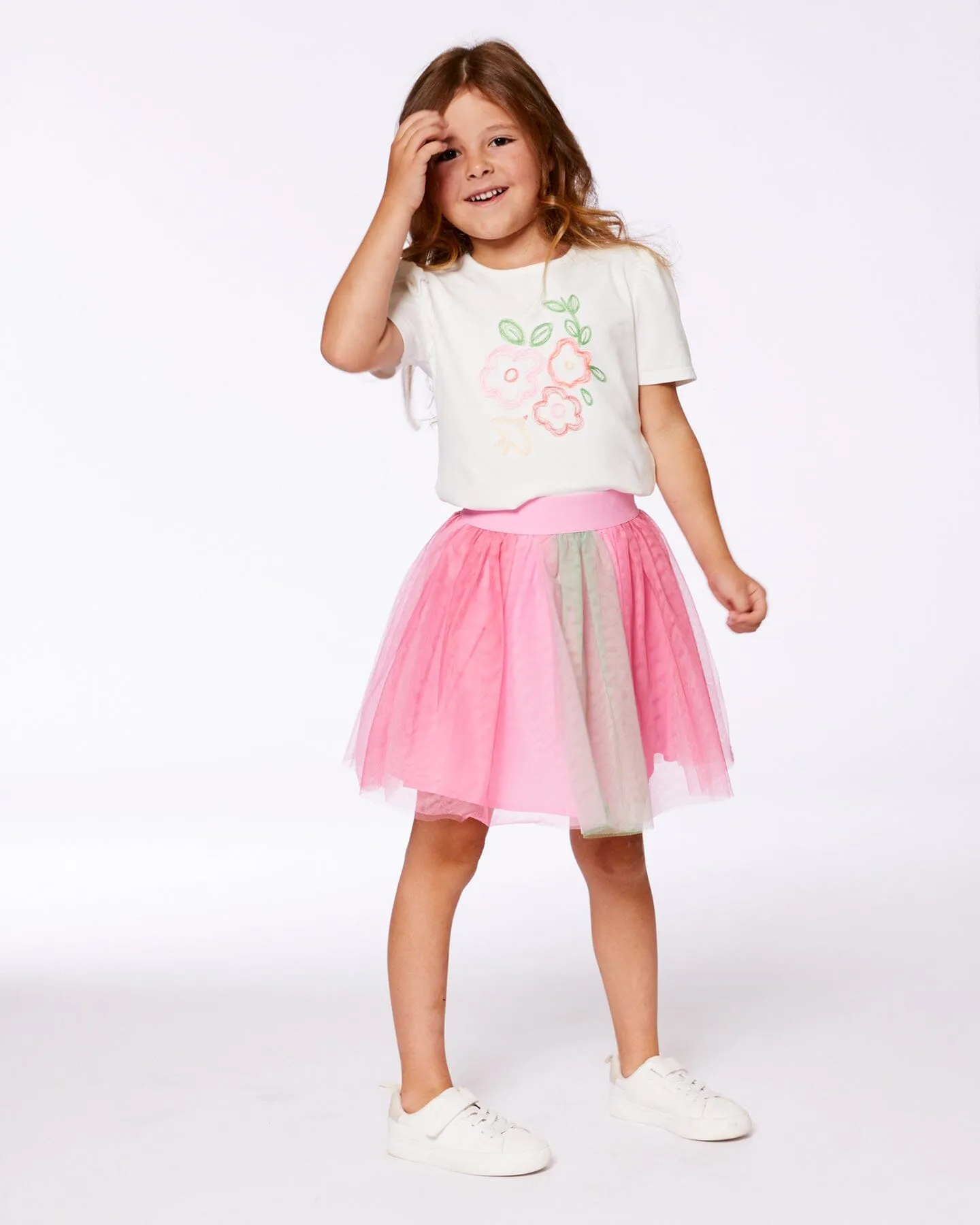 Organic Cotton Tee With Puff Sleeve Pink Flower On White Background