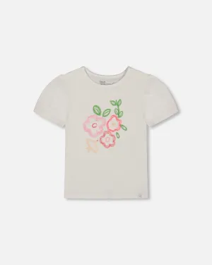 Organic Cotton Tee With Puff Sleeve Pink Flower On White Background