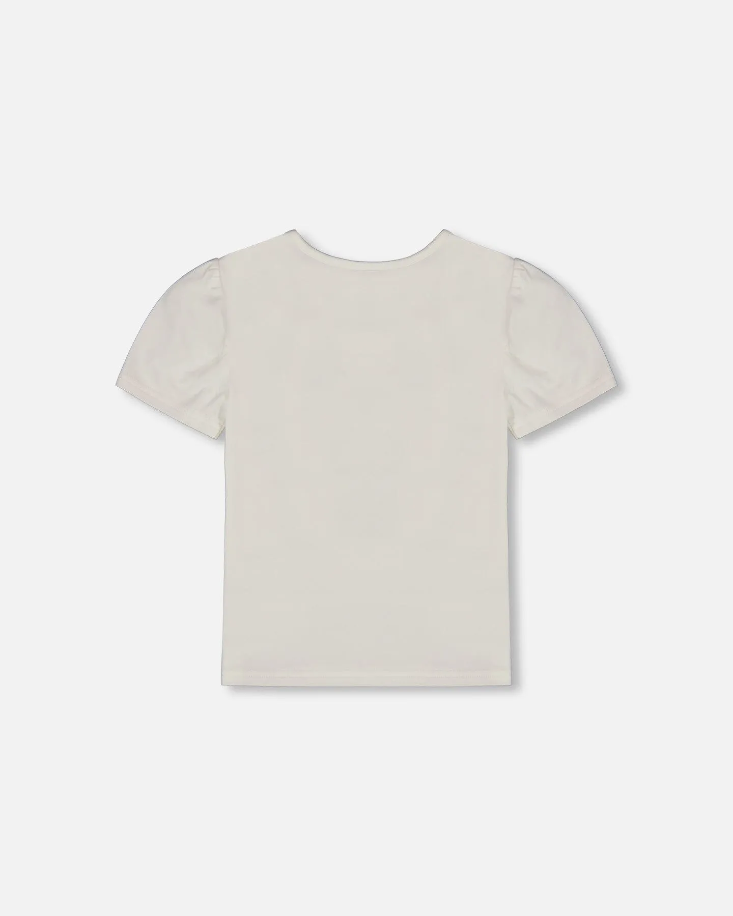 Organic Cotton Tee With Puff Sleeve Pink Flower On White Background