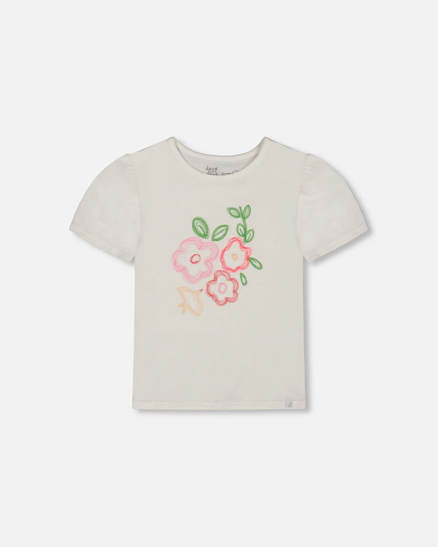 Organic Cotton Tee With Puff Sleeve Pink Flower On White Background