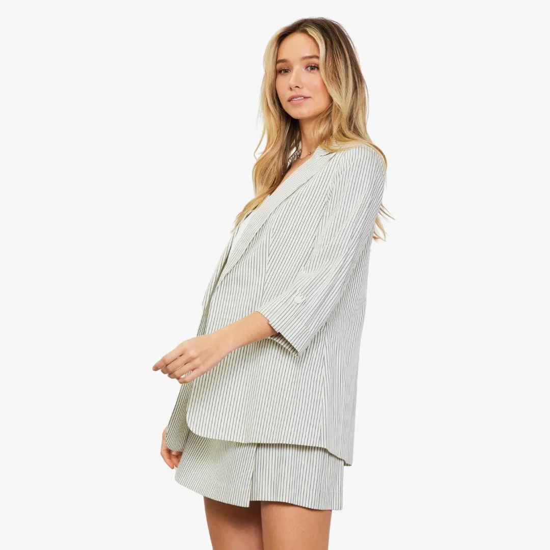 Pinstriped Rolled Sleeve Blazer (Ivory   Navy)