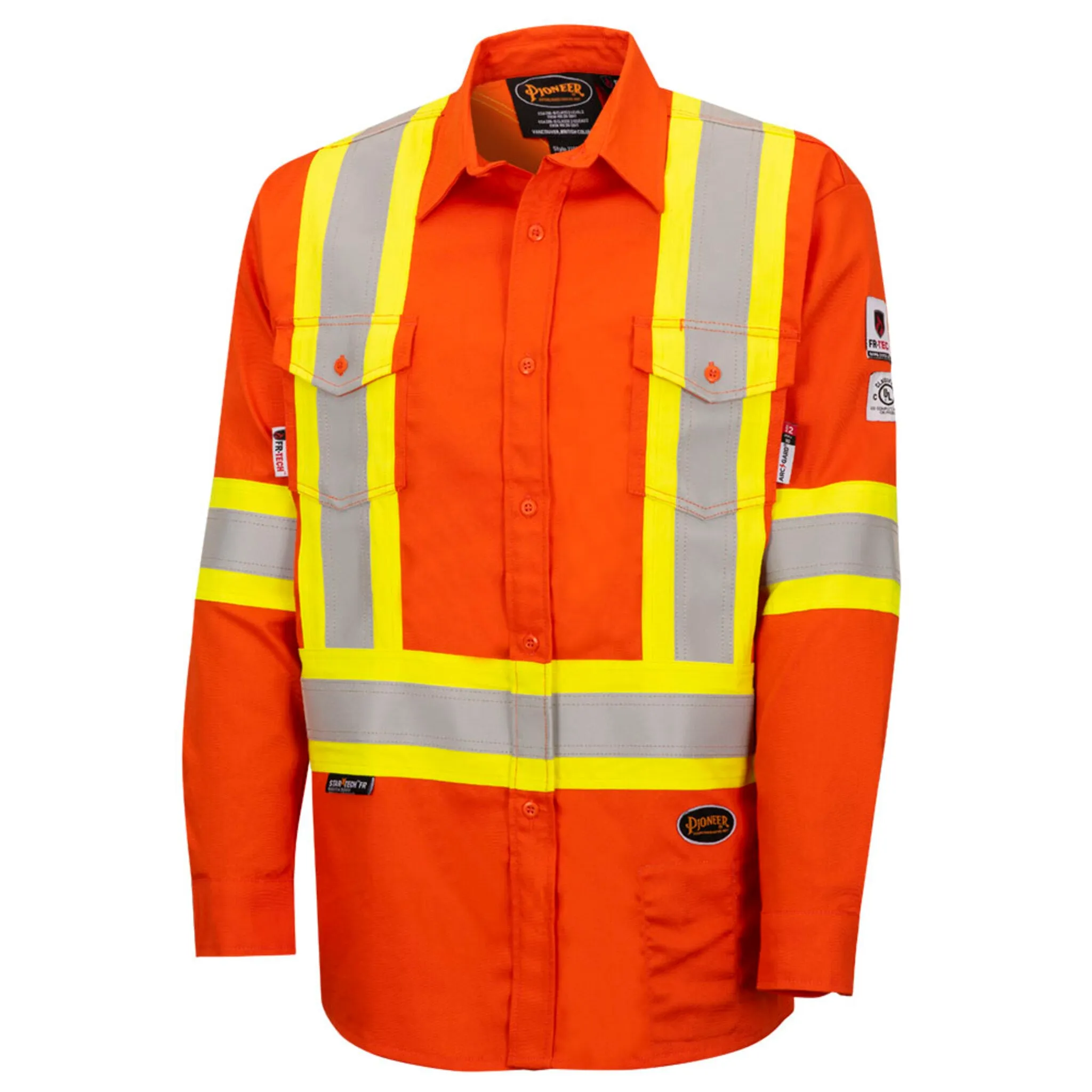 Pioneer Men's Hi Vis FR Uniform Shirt - FR-TECH HRC 2, 88% Cotton/12% Nylon, CSA Certified, Flame Resistant, Reflective Tape, Orange | Sizes S-4XL