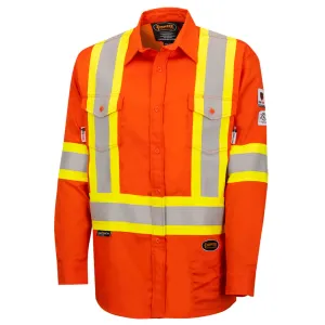 Pioneer Men's Hi Vis FR Uniform Shirt - FR-TECH HRC 2, 88% Cotton/12% Nylon, CSA Certified, Flame Resistant, Reflective Tape, Orange | Sizes S-4XL