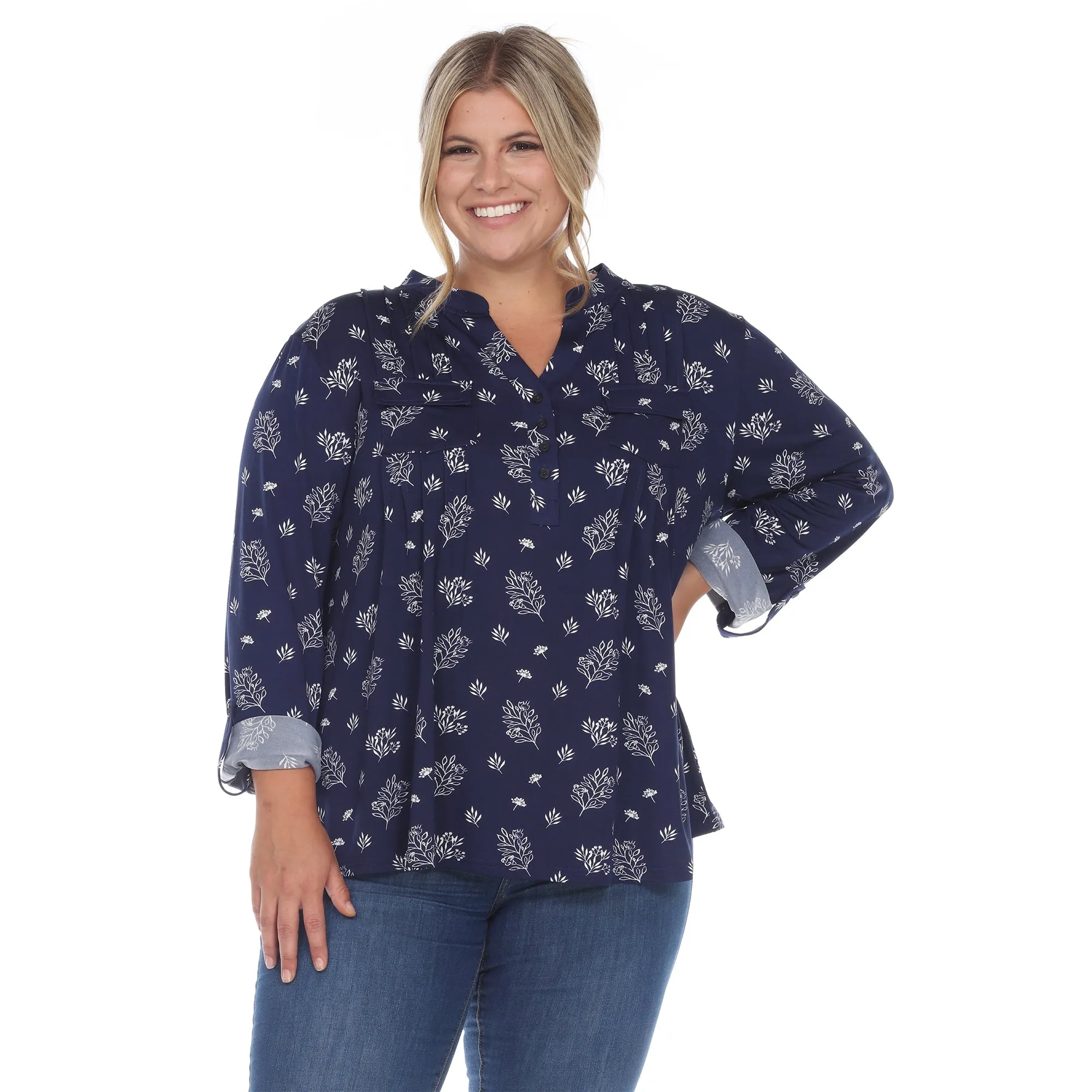 Pleated Long Sleeve Leaf Print Blouse - Plus