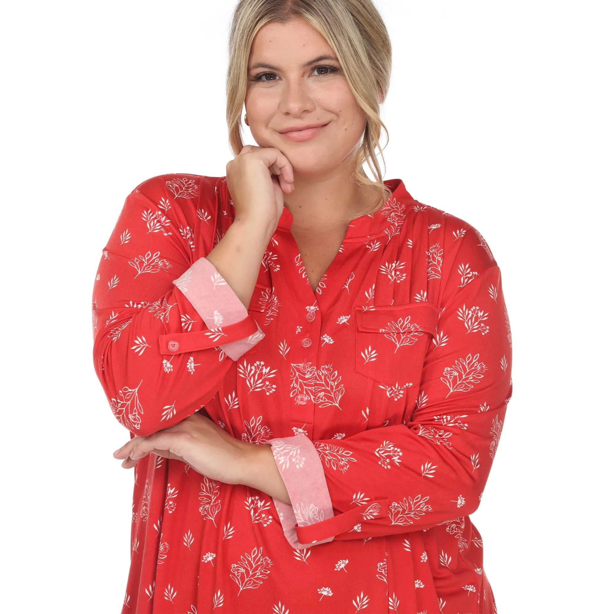 Pleated Long Sleeve Leaf Print Blouse - Plus