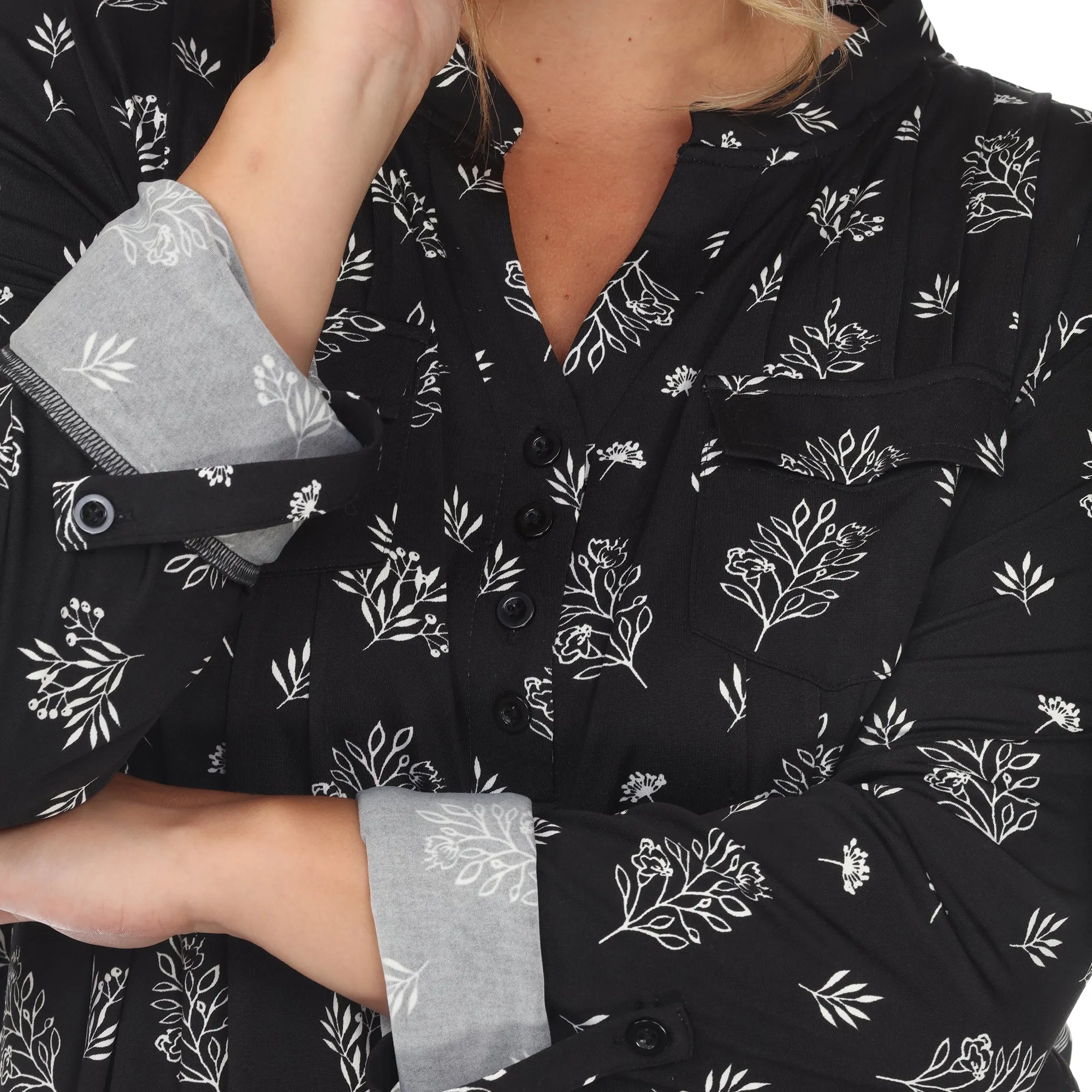 Pleated Long Sleeve Leaf Print Blouse - Plus
