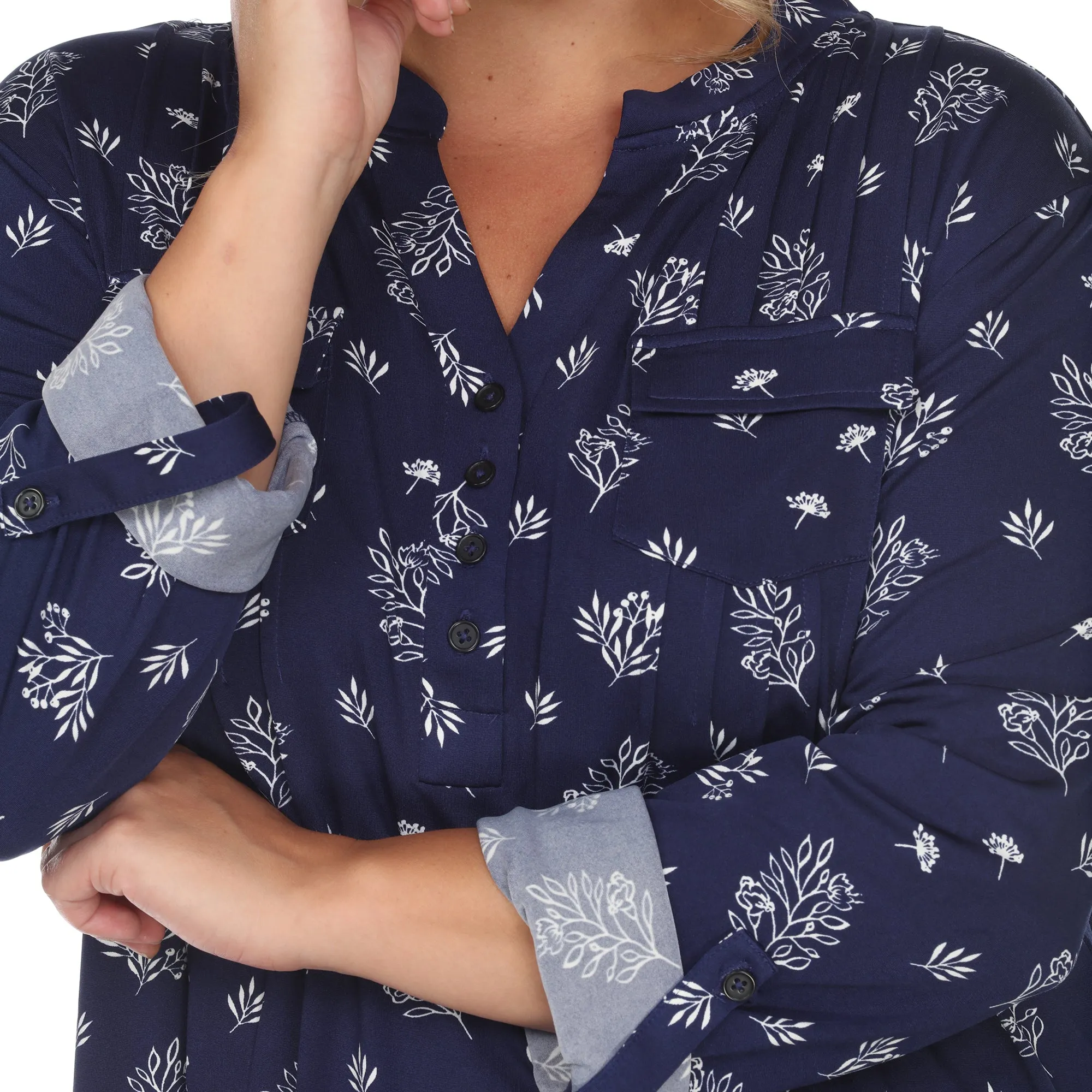 Pleated Long Sleeve Leaf Print Blouse - Plus