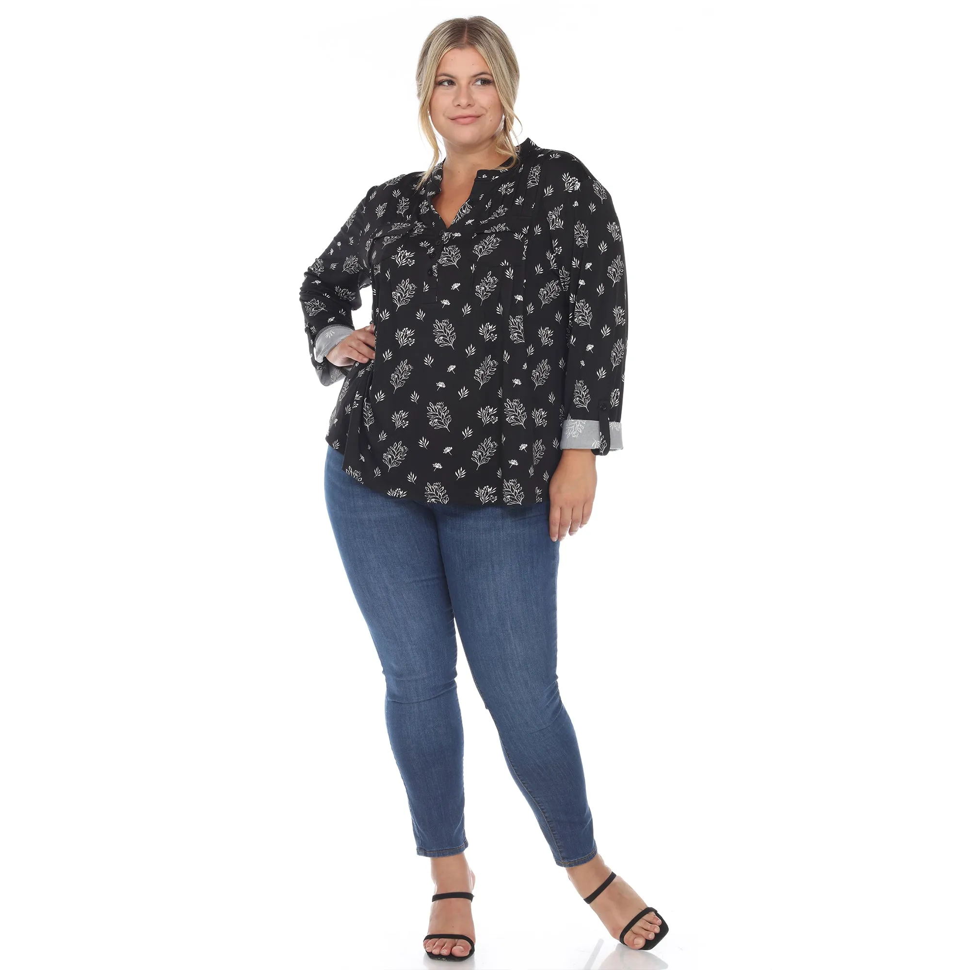 Pleated Long Sleeve Leaf Print Blouse - Plus