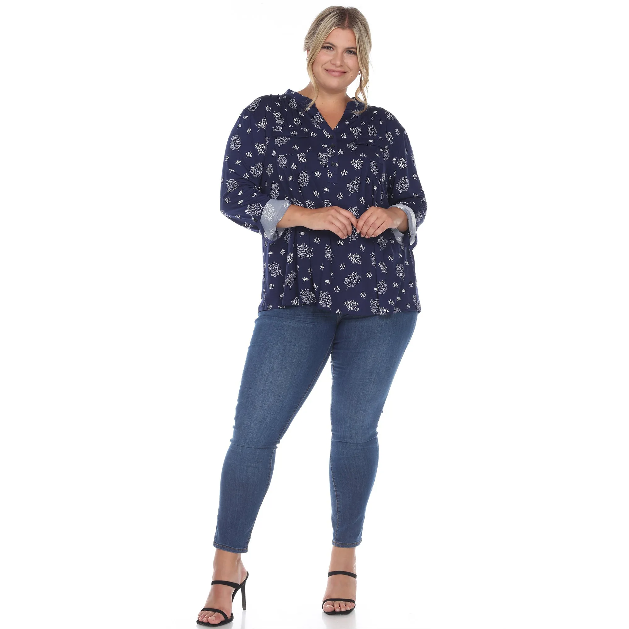 Pleated Long Sleeve Leaf Print Blouse - Plus