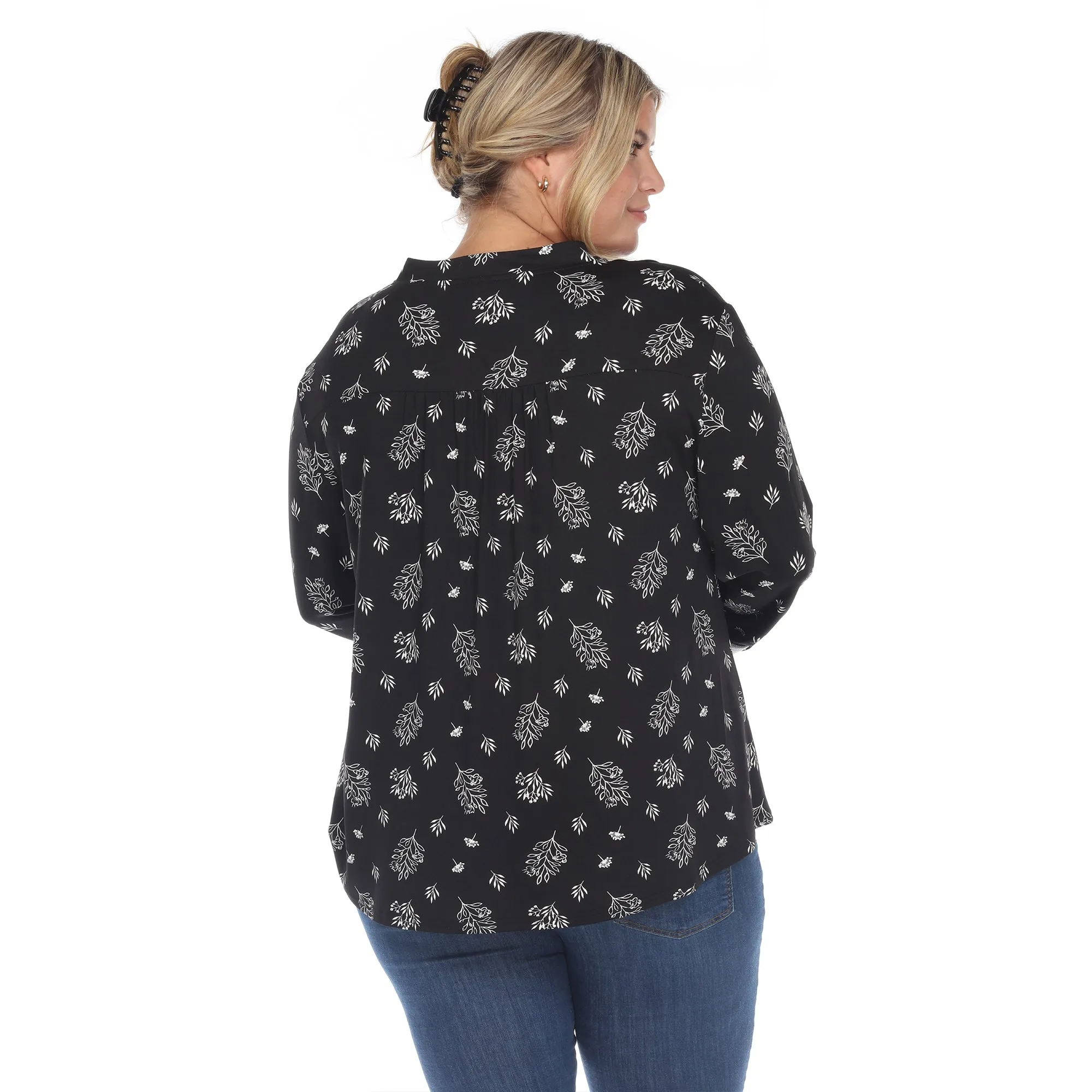 Pleated Long Sleeve Leaf Print Blouse - Plus