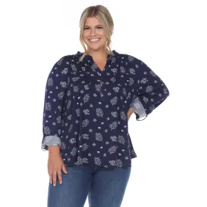 Pleated Long Sleeve Leaf Print Blouse - Plus