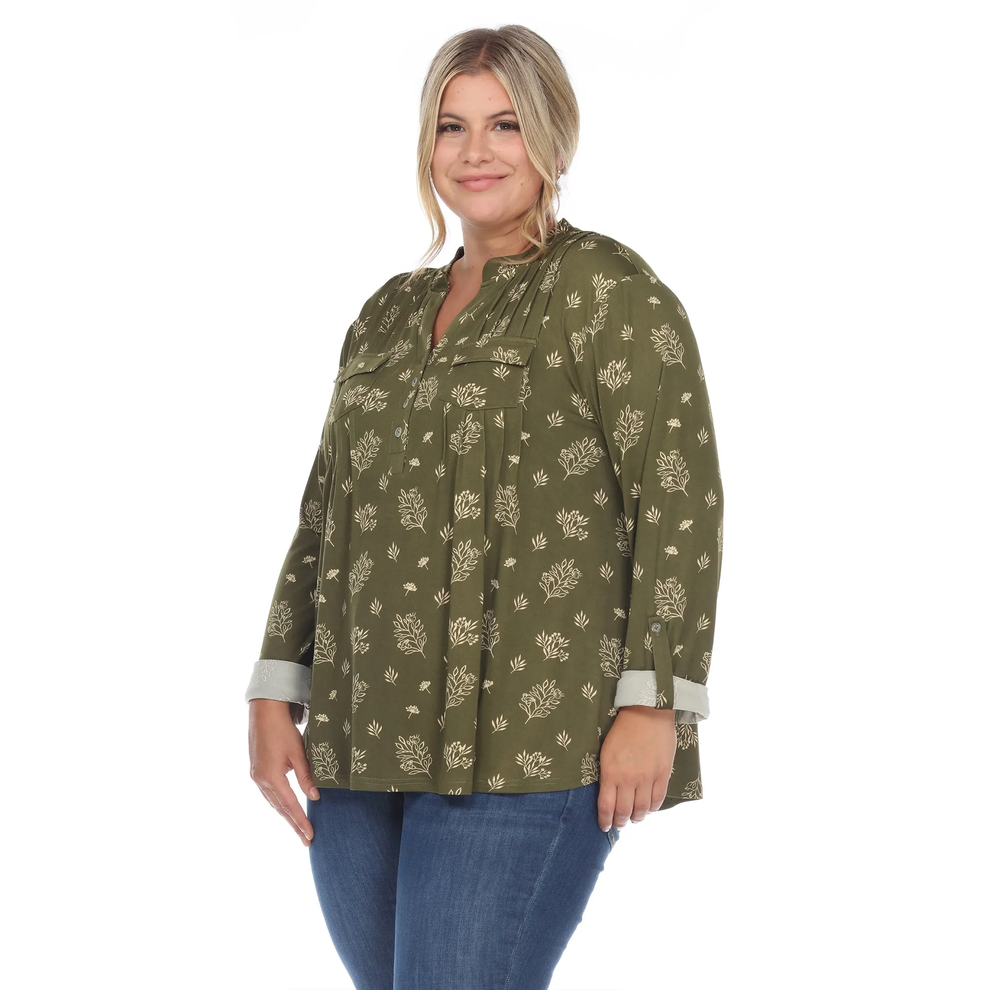 Pleated Long Sleeve Leaf Print Blouse - Plus
