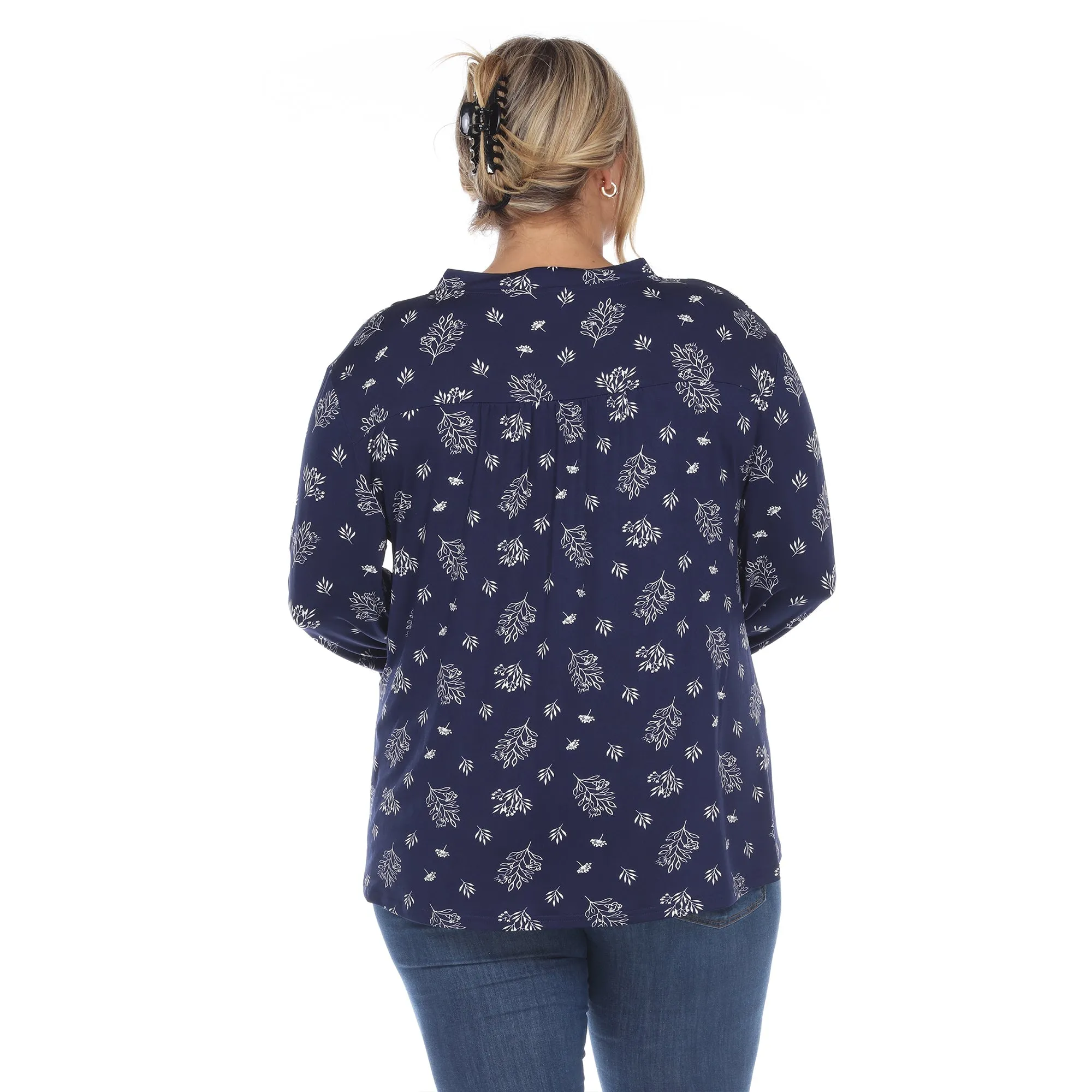 Pleated Long Sleeve Leaf Print Blouse - Plus