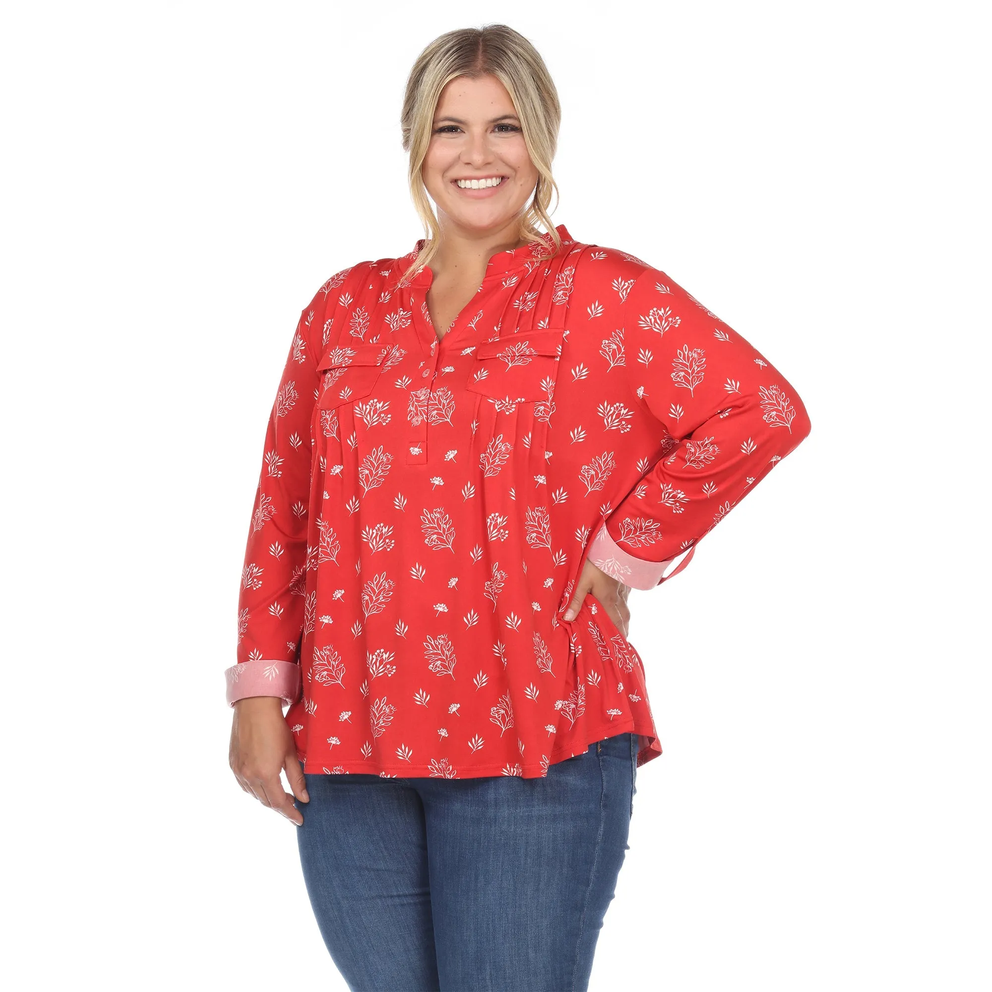 Pleated Long Sleeve Leaf Print Blouse - Plus