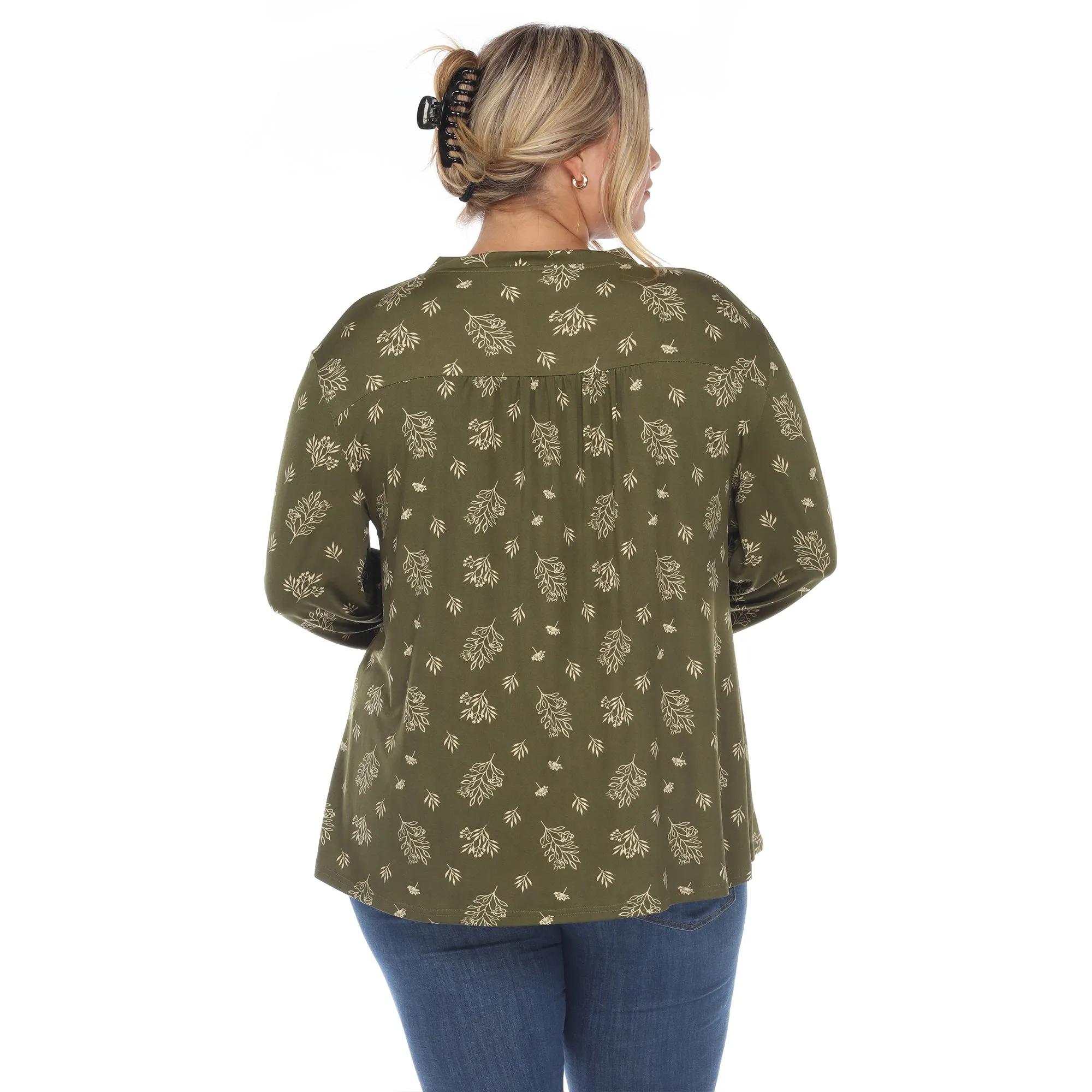 Pleated Long Sleeve Leaf Print Blouse - Plus