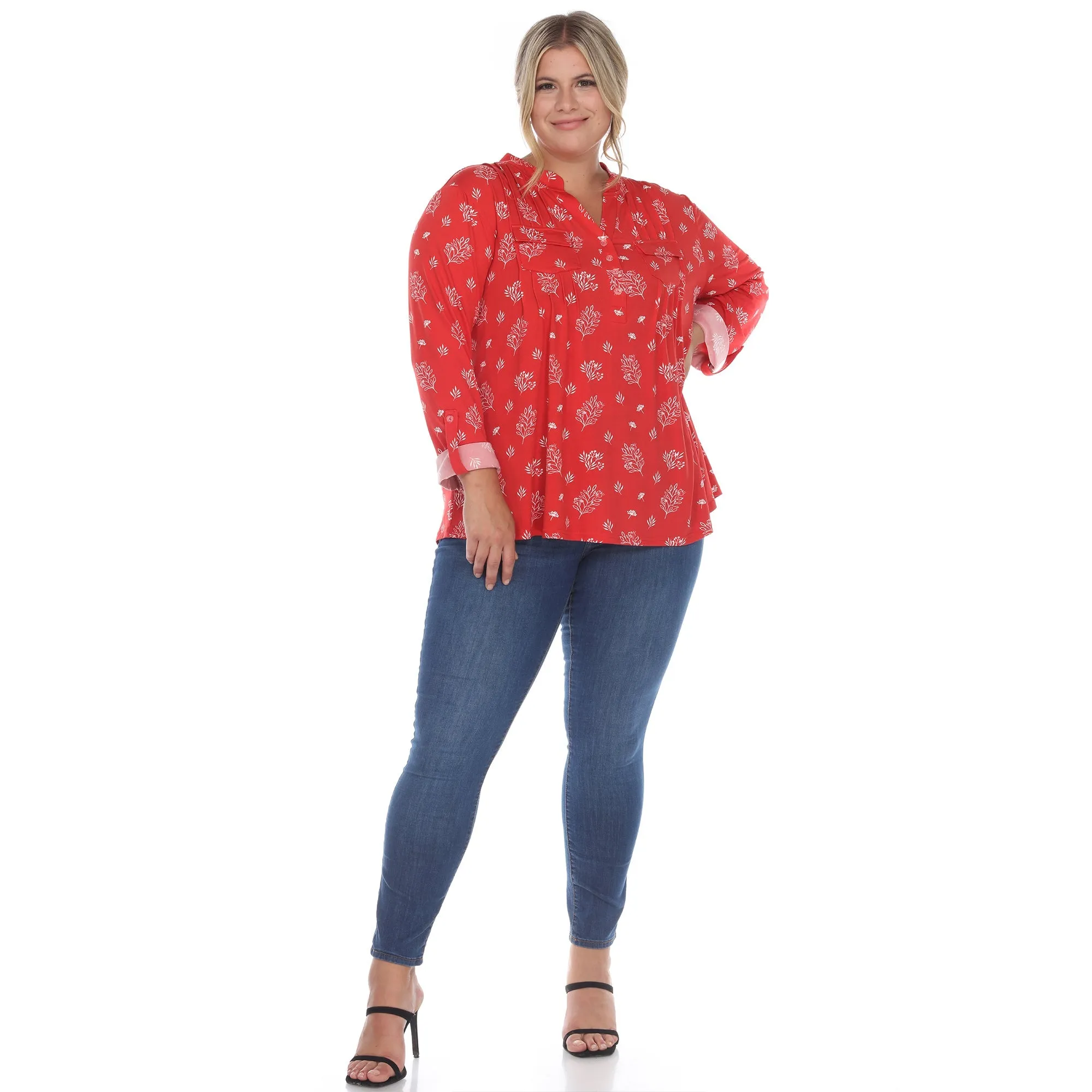Pleated Long Sleeve Leaf Print Blouse - Plus