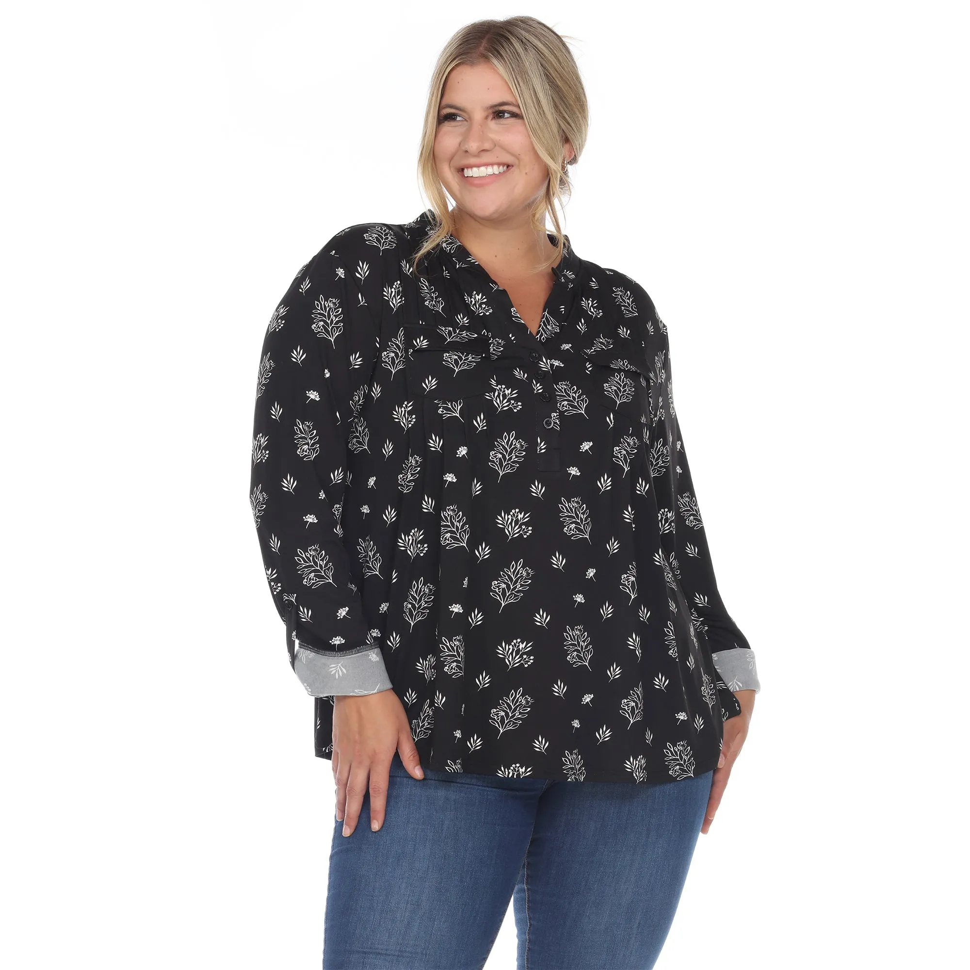 Pleated Long Sleeve Leaf Print Blouse - Plus