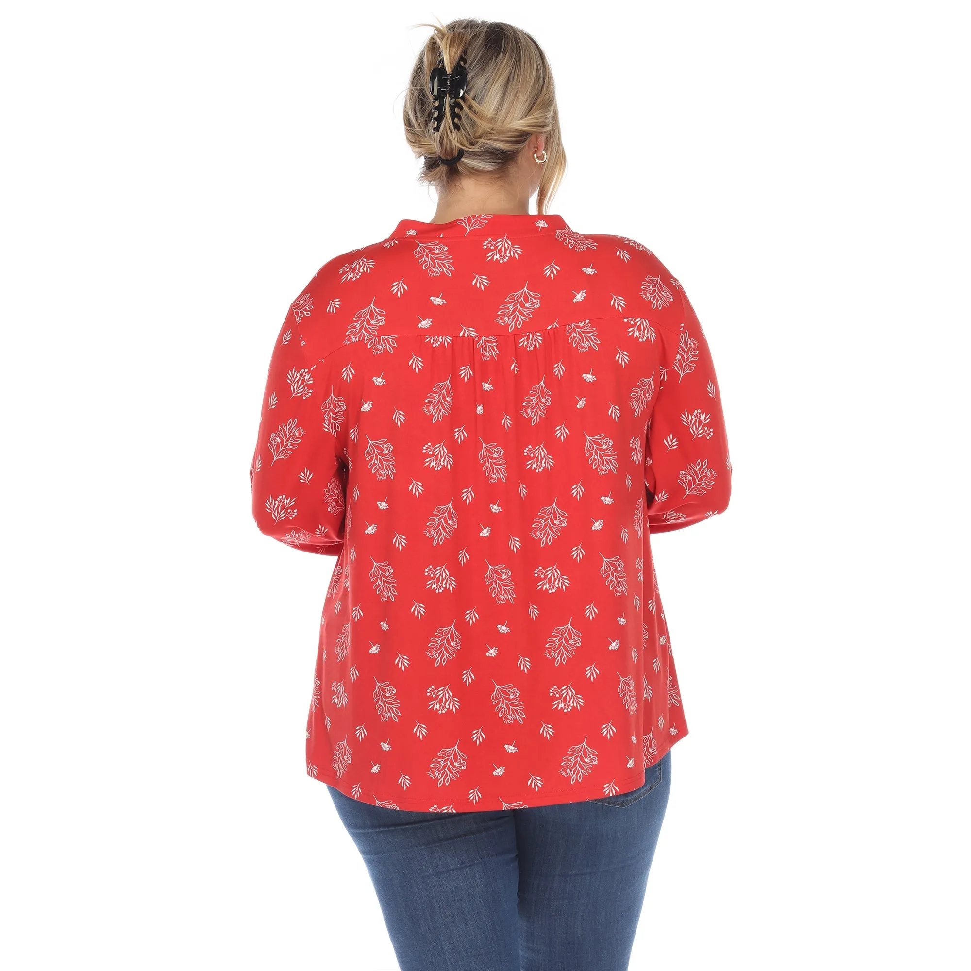 Pleated Long Sleeve Leaf Print Blouse - Plus