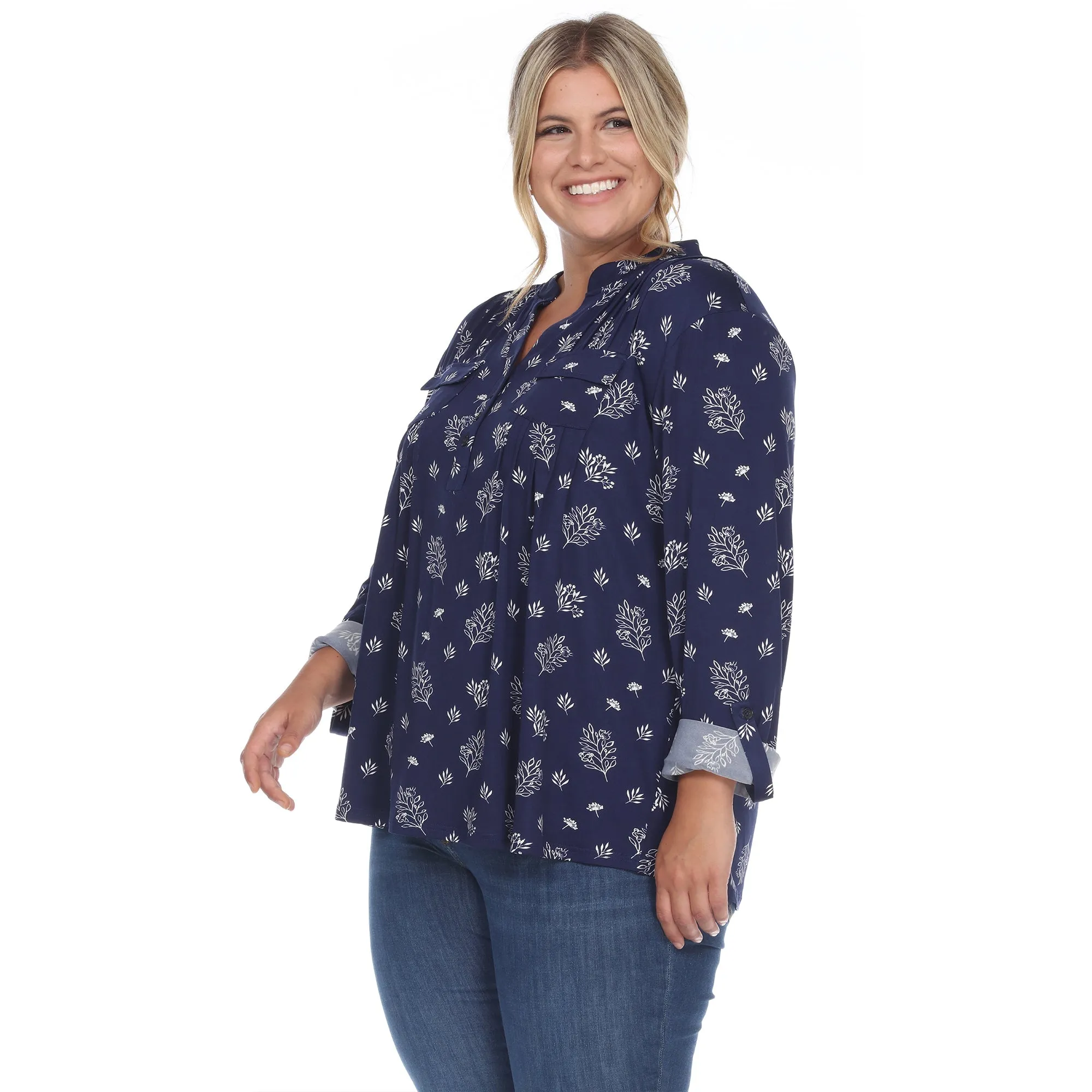 Pleated Long Sleeve Leaf Print Blouse - Plus