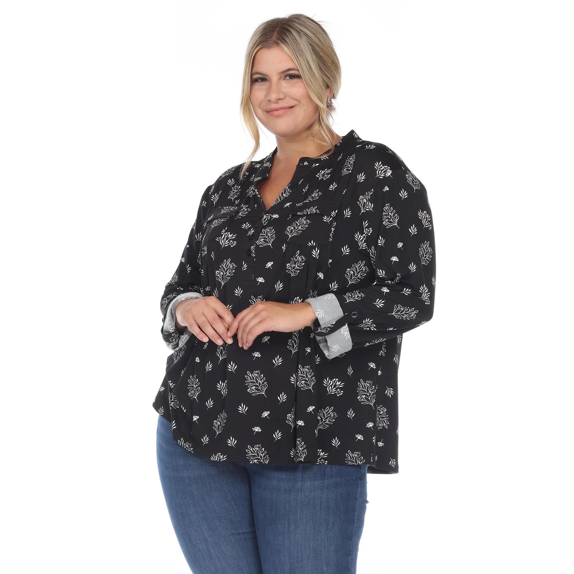 Pleated Long Sleeve Leaf Print Blouse - Plus