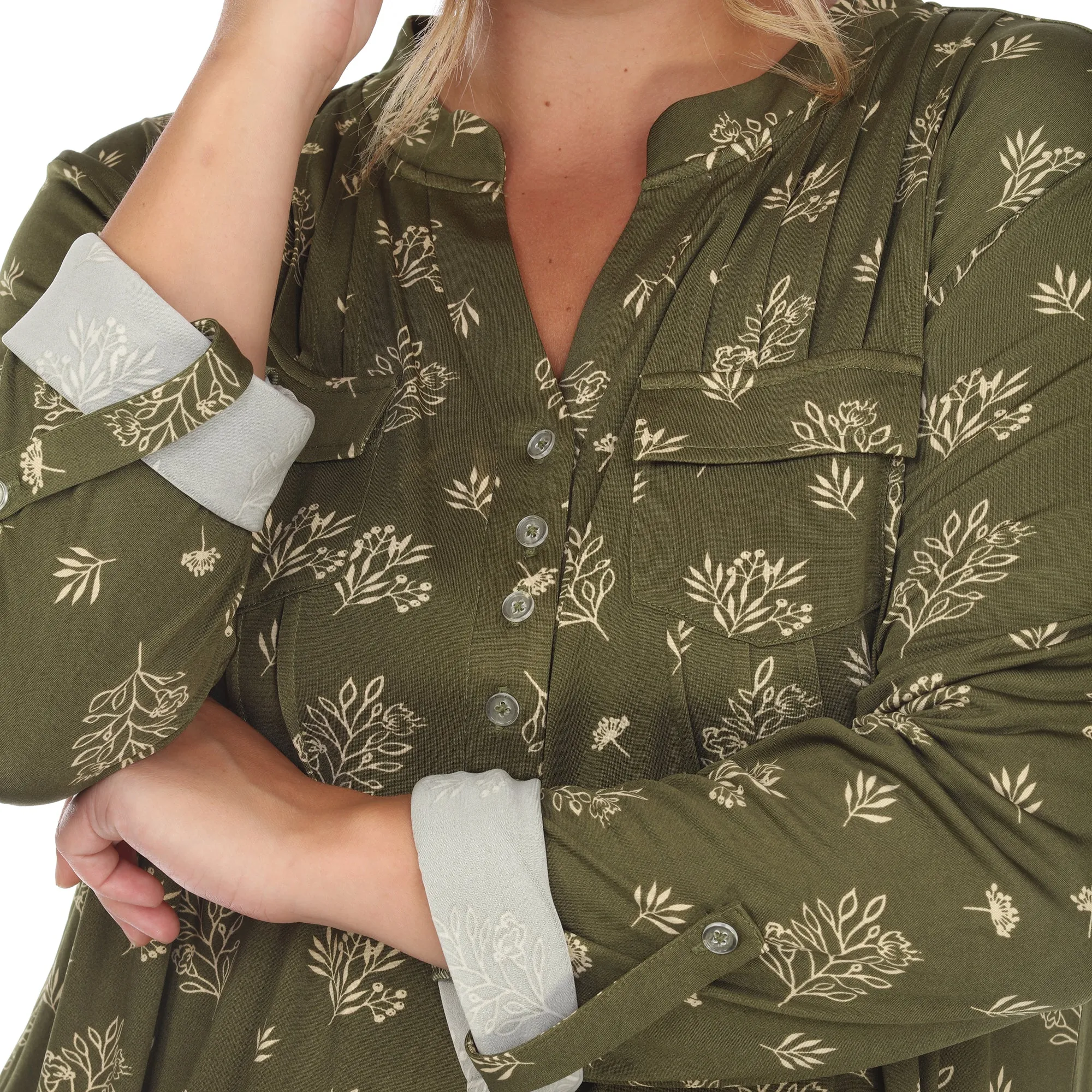Pleated Long Sleeve Leaf Print Blouse - Plus