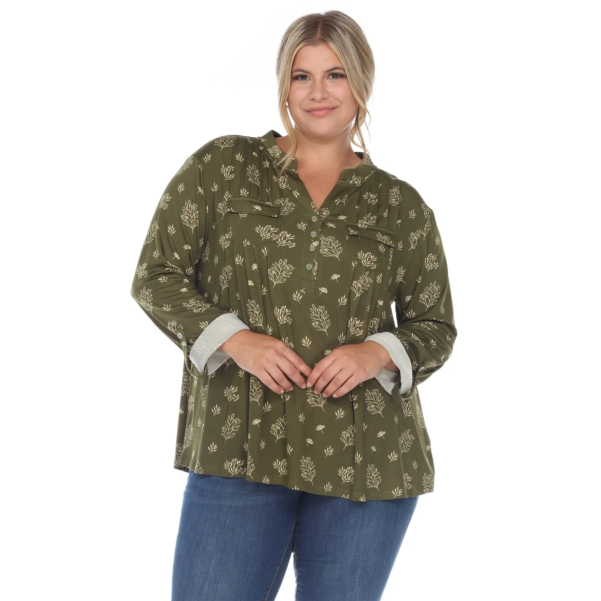 Pleated Long Sleeve Leaf Print Blouse - Plus