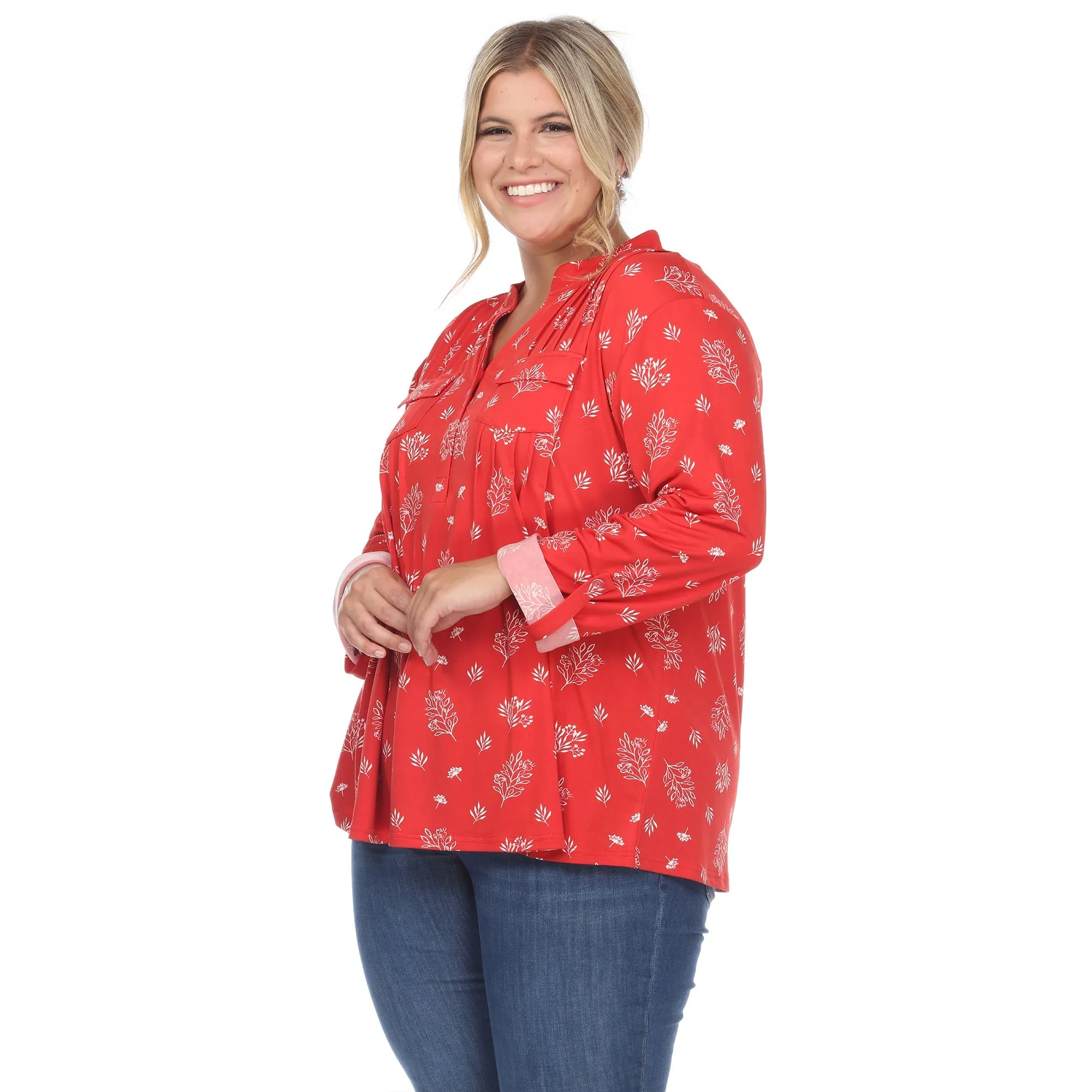Pleated Long Sleeve Leaf Print Blouse - Plus