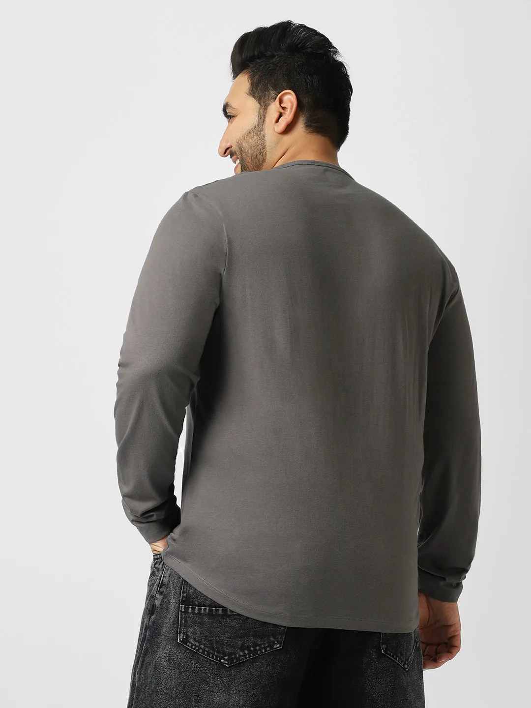 Plus Men's Dark Grey Solid Henley Neck Regular Fit Full Sleeve Cotton T-Shirt