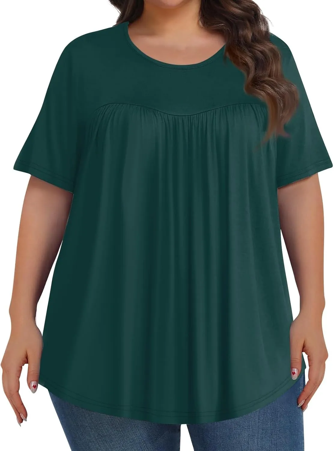 Plus Size Tops for Women Pleated Front Crewneck Short Sleeve Blouses 2024 Summer Tunic Shirts Flowy 1X-5X