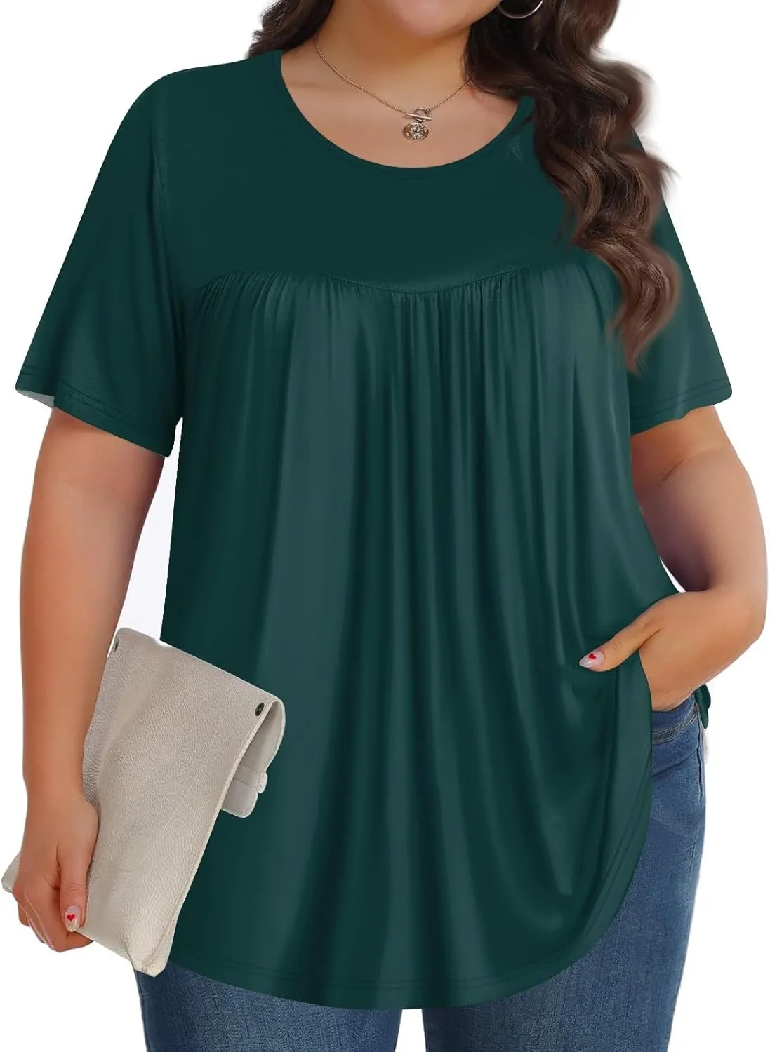 Plus Size Tops for Women Pleated Front Crewneck Short Sleeve Blouses 2024 Summer Tunic Shirts Flowy 1X-5X
