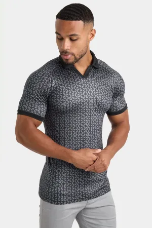 Printed Polo Shirt in Black Doodle Geo