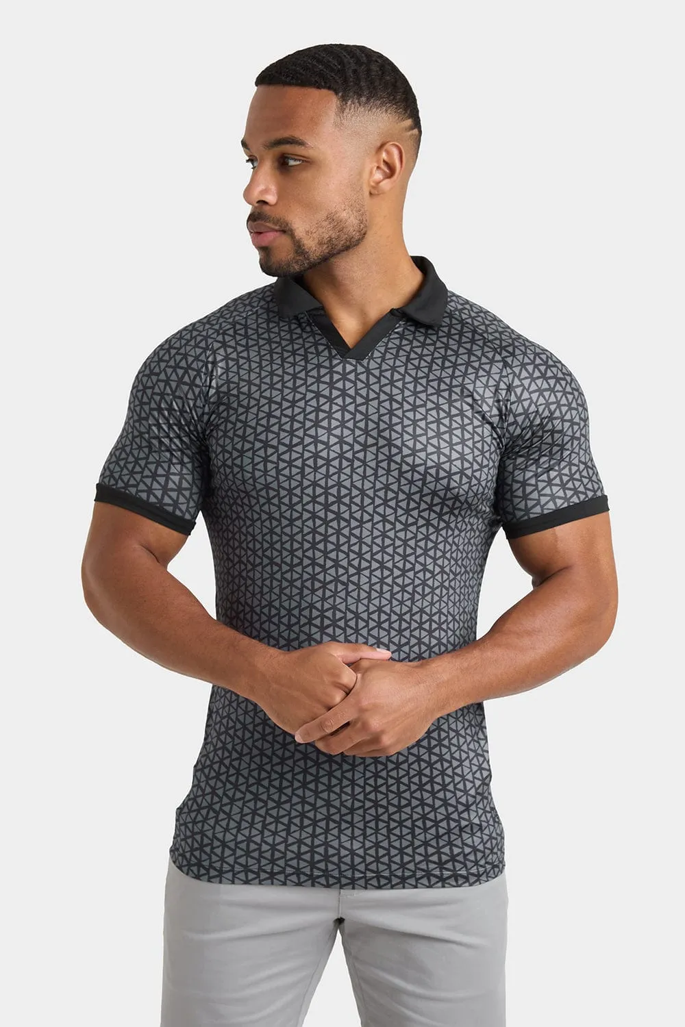 Printed Polo Shirt in Black Doodle Geo