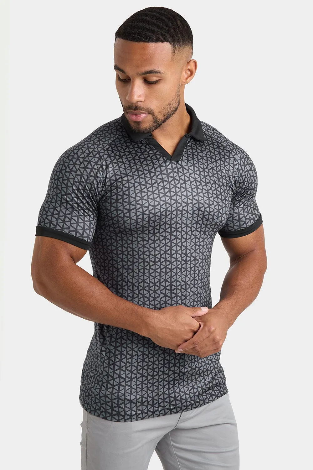 Printed Polo Shirt in Black Doodle Geo
