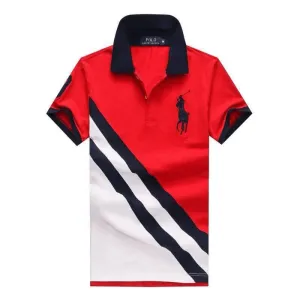 PRL Custom Fitted Big Pony Diagonal Patterned Polo Shirt- Red and White