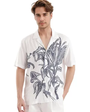 Rare Rabbit Men's Elan White Cotton Fabric Cuban Collared Floral Printed Boxy Fit Shirt