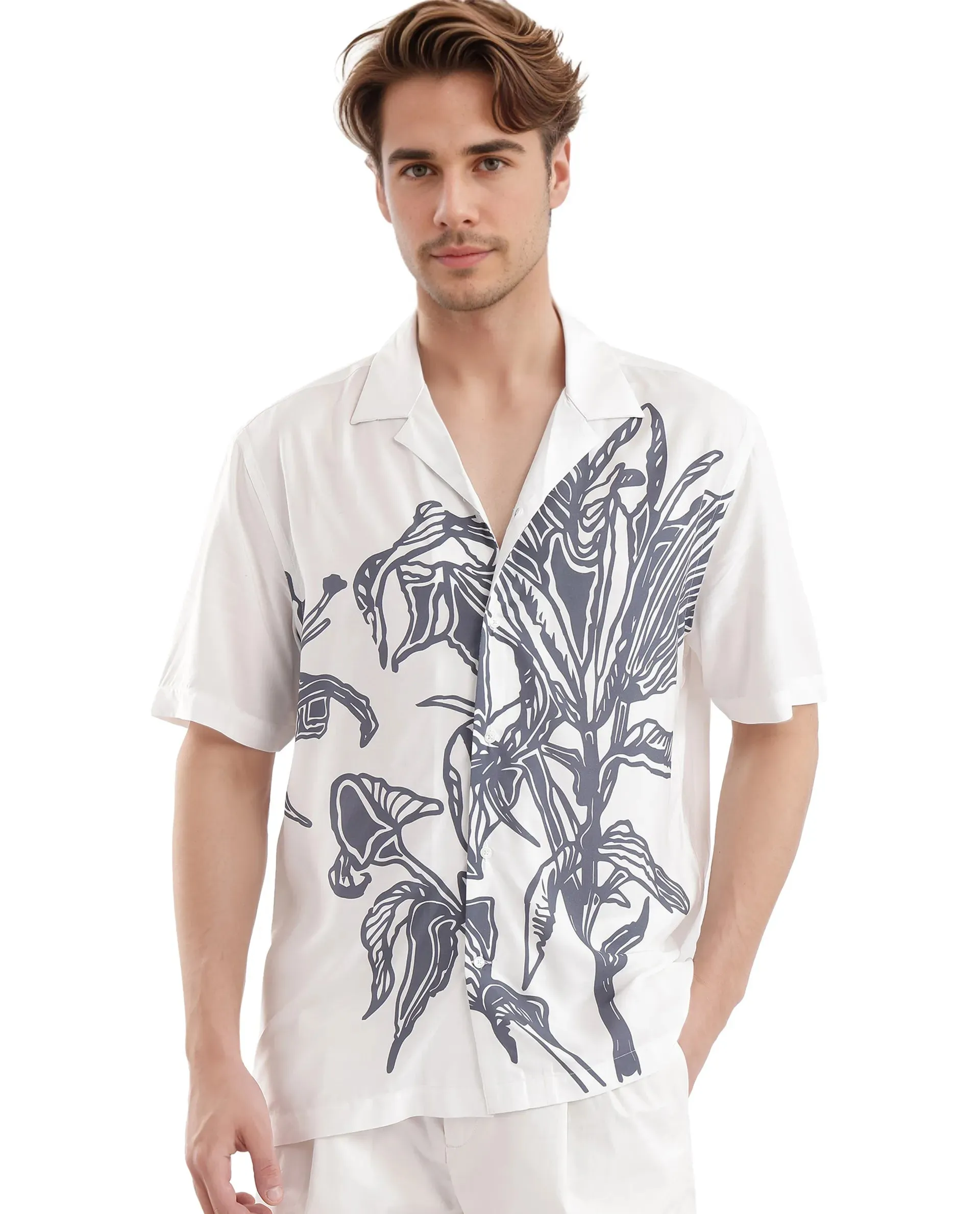 Rare Rabbit Men's Elan White Cotton Fabric Cuban Collared Floral Printed Boxy Fit Shirt