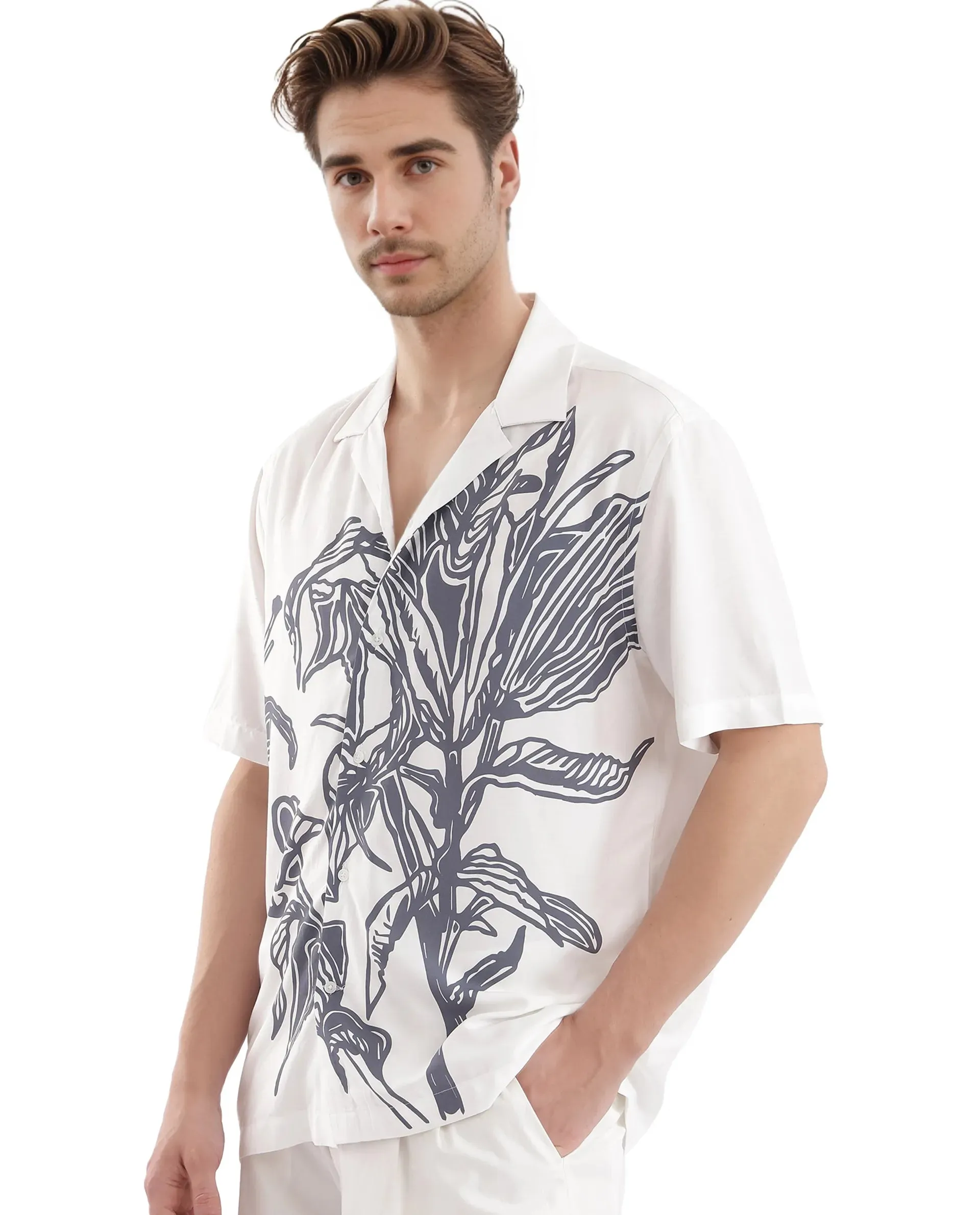Rare Rabbit Men's Elan White Cotton Fabric Cuban Collared Floral Printed Boxy Fit Shirt